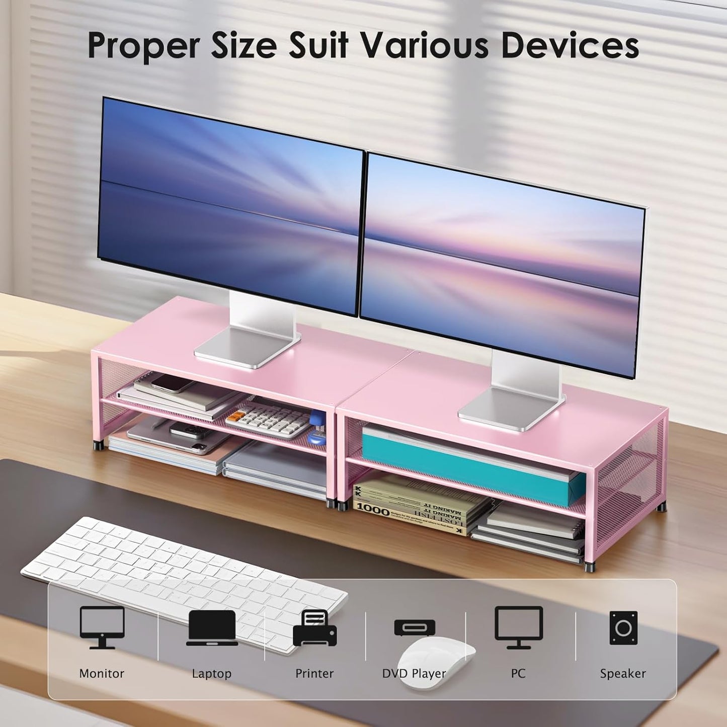 Desk Organizers and Accessories, 2-Tier Metal Computer Monitor Stand Riser, Desk Organizer for Monitor, Printer & Laptop Stand, Desktop Workspace Organizers for Office Supplies(Pink)