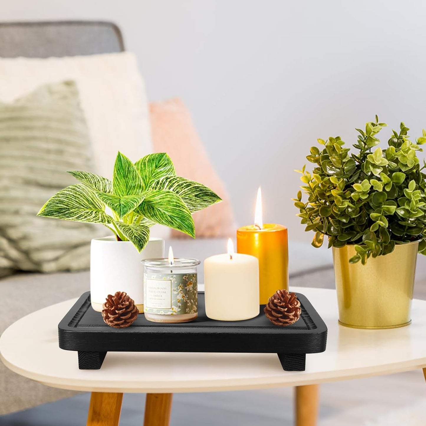 Black Bathroom Counter Organizer Tray Wood Riser Kitchen Countertop Trays Wooden Pedestal Display Stands Dish Soap Dispenser Holder for Bathroom Decor Kitchen Sink Accessories Vanity Tray