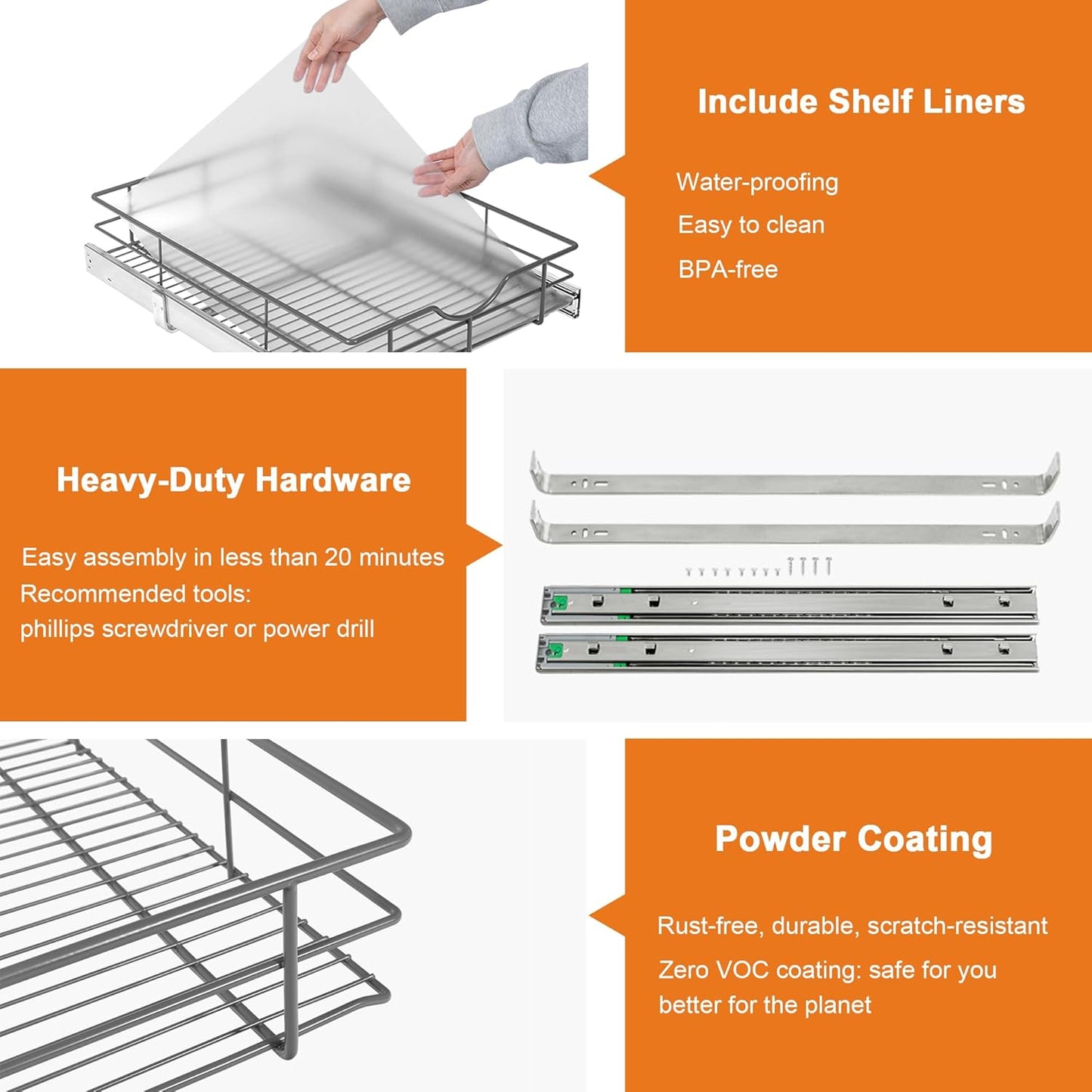 ALINE FURNITURE Pull Out Shelves - 14" W x 22" D Soft Close Pull Out Cabinet Organizer 1 Tier - Slide Out Drawers with Shelf Liner, Heavy Duty Steel Wire Baskets for Kitchen Cabinets, Pantry, Bathroom