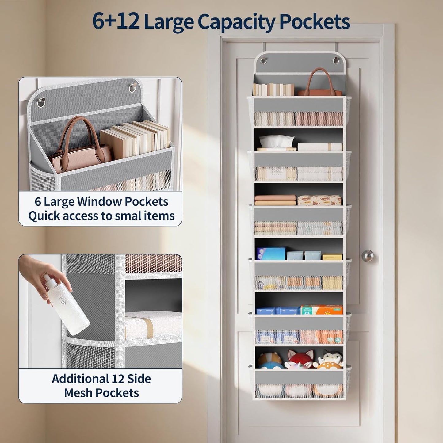 Yecaye 2 Pack Over The Door Organizer, 6-Tier Closet Door Hanging Organizer with 12 Mesh Pockets, Bathroom Organizers and Storage, Ultra Sturdy Large Capacity Over Door Storage Newborn Baby Essentials