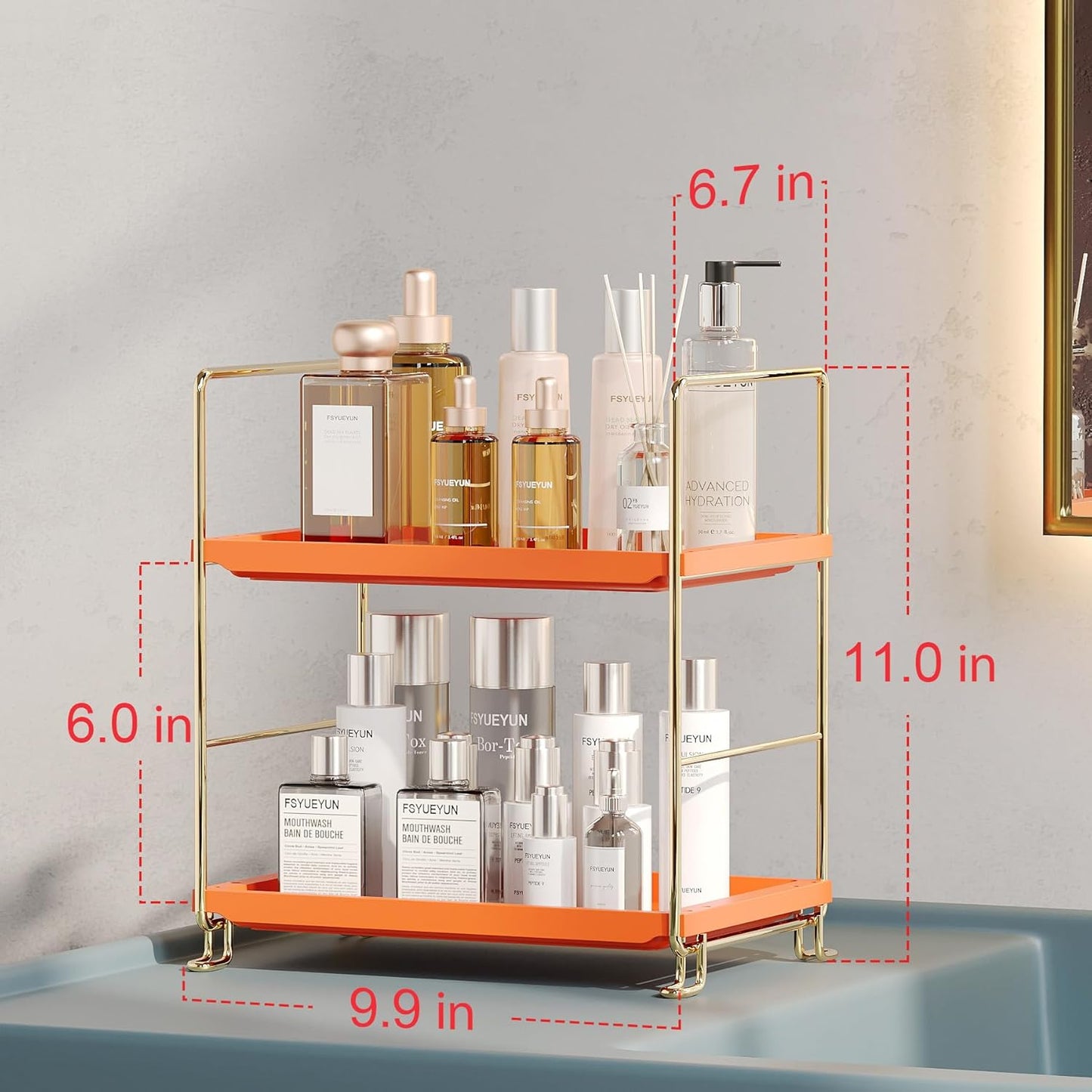 FSyueyun 2-Tier Bathroom Countertop Organizer,Bathroom Organizers and Storage with Tool-Less Installation, Premium Plastics for Makeup, Perfume, Skincare on Dresser Vanity Tray(Gold & Orange)