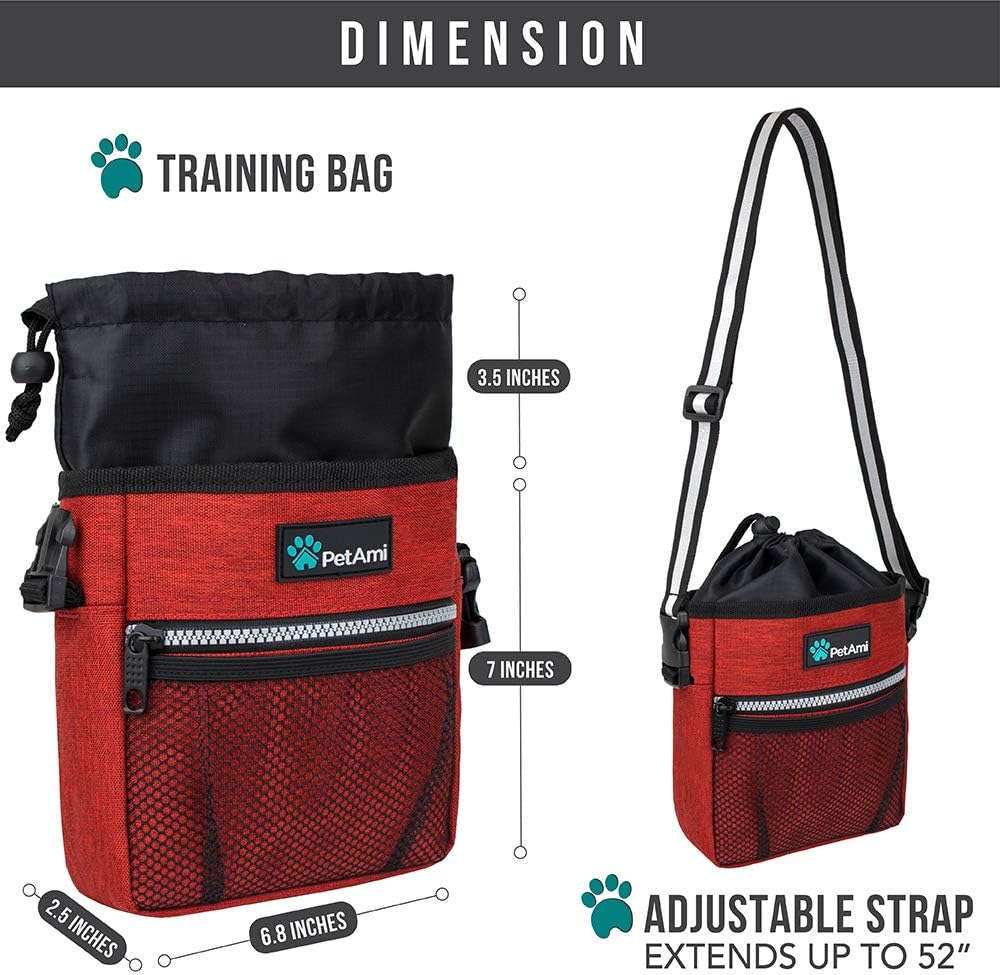 PetAmi Dog Treat Pouch, Pet Treat Pouch for Training, Dog Walking Bag Holder for Kibbles, Pet Food Toy, Dog Trainer Essentials Supplies, Poop Bag Dispenser, 3 Ways to Wear (Red)