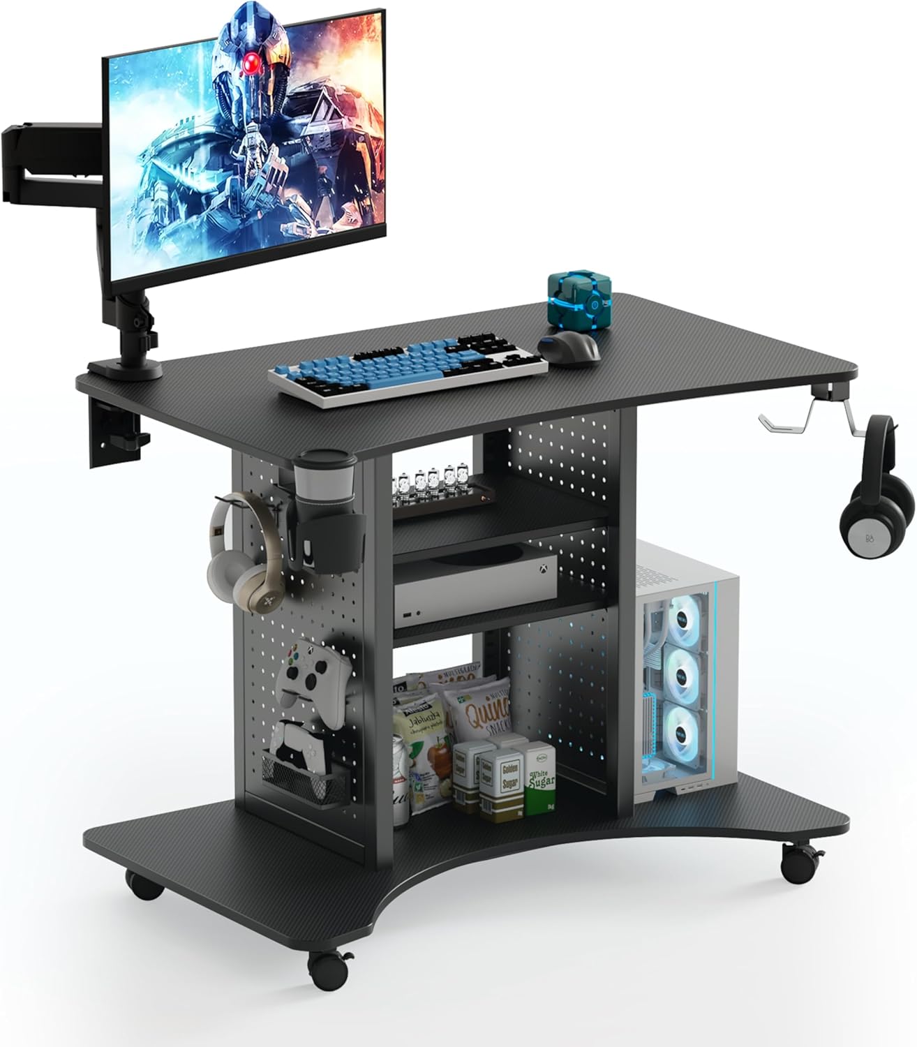 EUREKA ERGONOMIC Computer Gaming Desk, 37" Rolling Desk on Wheels for Small Space, Mobile Computer Cart with Pegboards Adjustable Shelves for Gaming PS Switch Home Office, Black