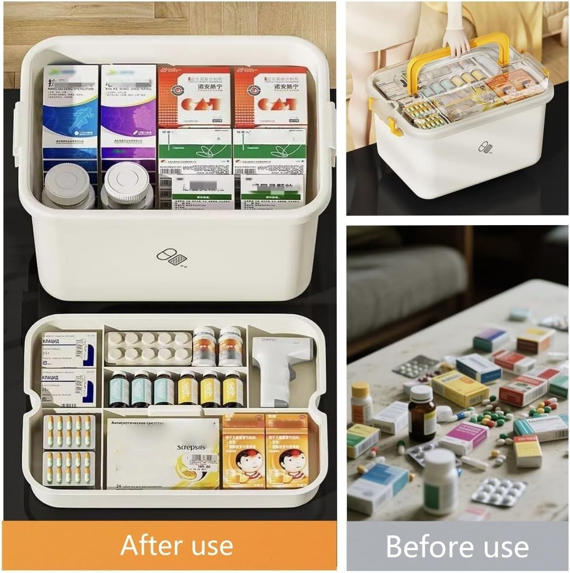 Plastic Medicine Storage Organizer & First Aid Box, Medicine Box with Handles, Multipurpose Medical Supply Organizer with Removable Tray for Home, Office & Travel（large）