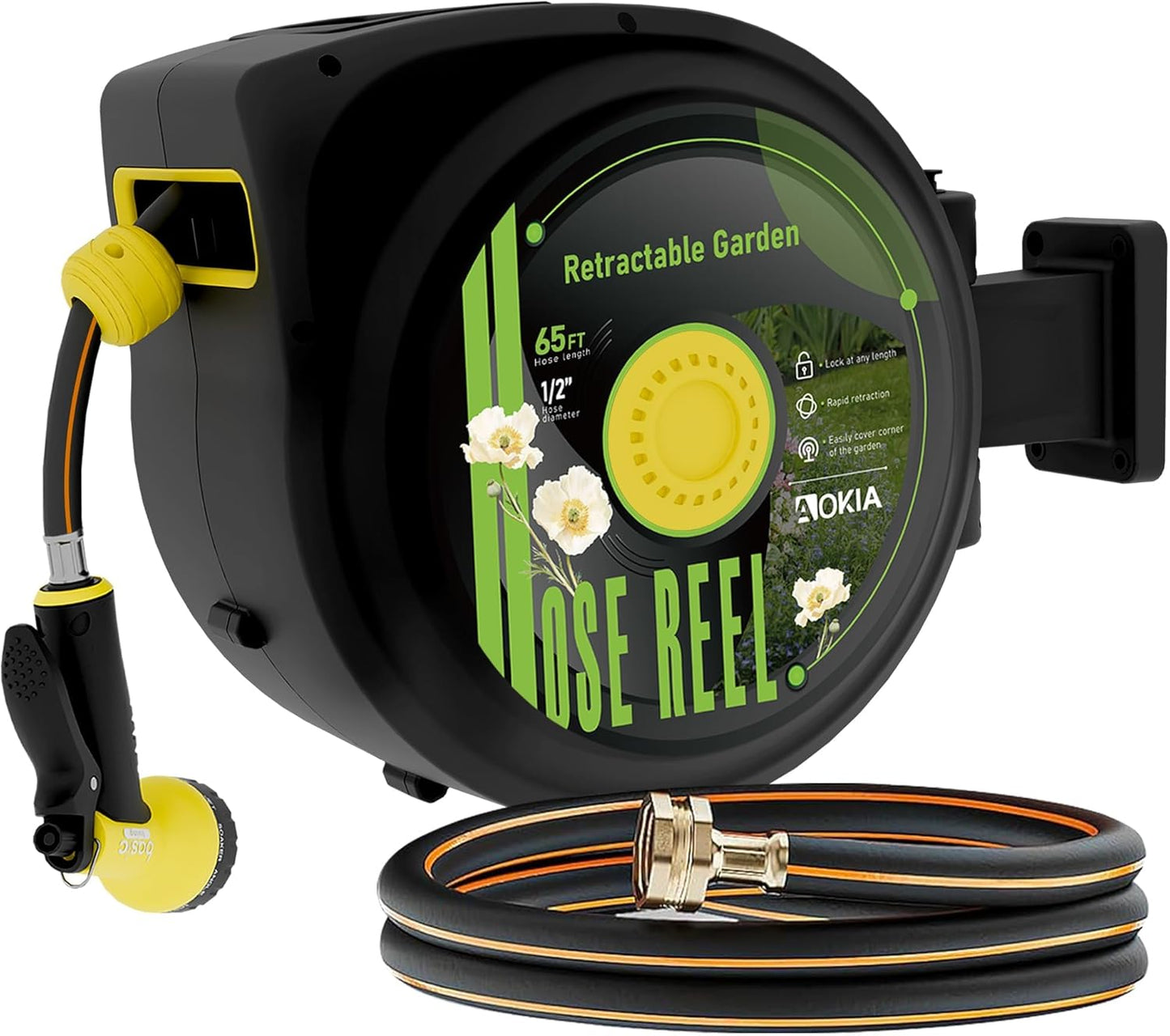 Hose Reel, Retractable Garden Hose Reel, 65 ft x 1/2 inch Garden Hose with Auto Return System, Retractable Water Hose with 180°Swivel Wall Mounted Bracket, 9 Pattern Sprayer Nozzle & Any Length Lock