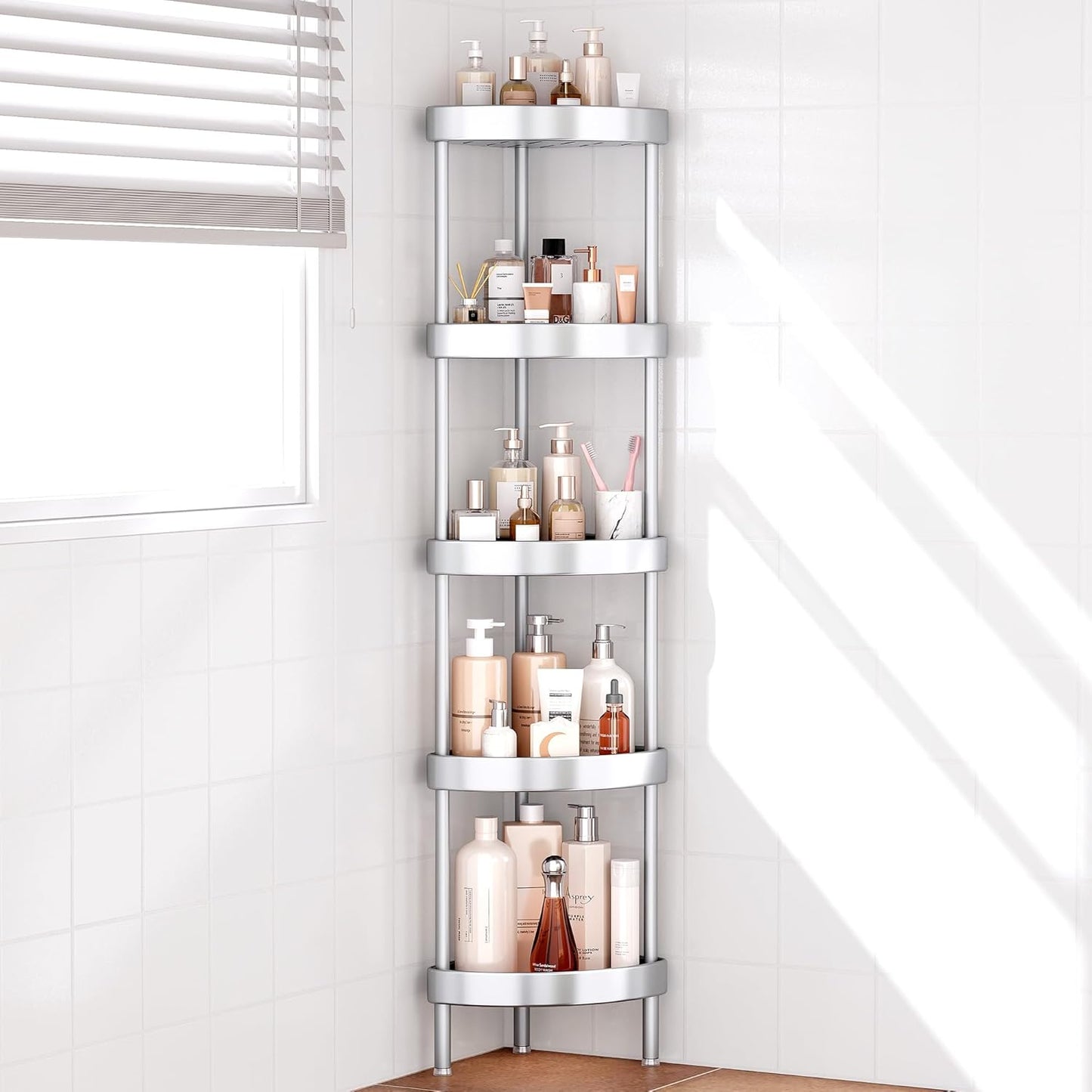 Nieifi Corner Shower Caddy Stand-5 Tier Rustproof Anodized Aluminum Standing Shower Organizer-Shower Caddy Corner-Dual Stability to Anti-Shaking-Height-Adjustable Legs for Uneven Surfaces-Silver