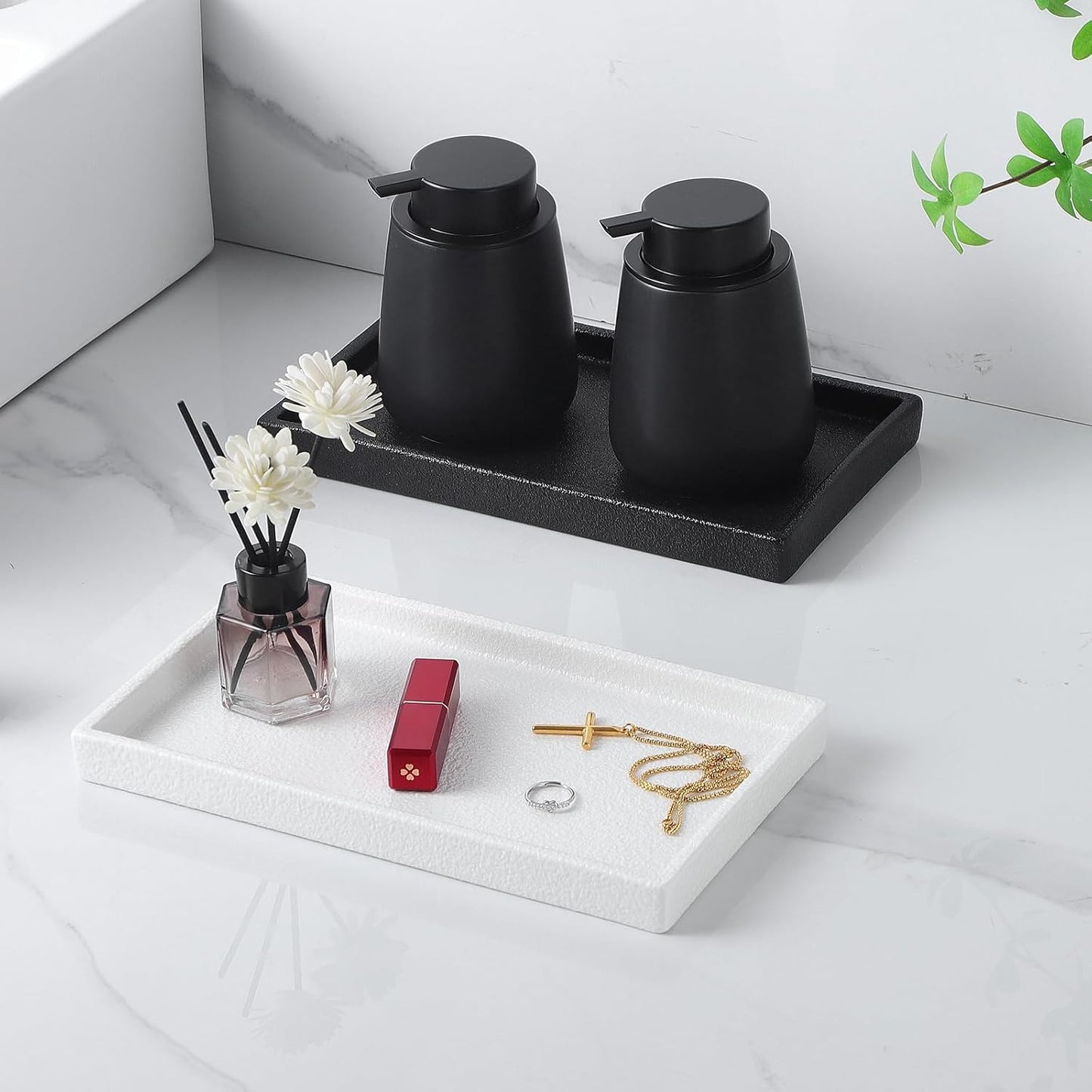 Bathroom Vanity Tray - 11'' Ceramic Rough-Textured Rectangle Countertop Tray, Heavy-Duty Perfume Organizer Plate, Jewelry Ring Tray, Kitchen Soap Dispenser Stone Trays, Black