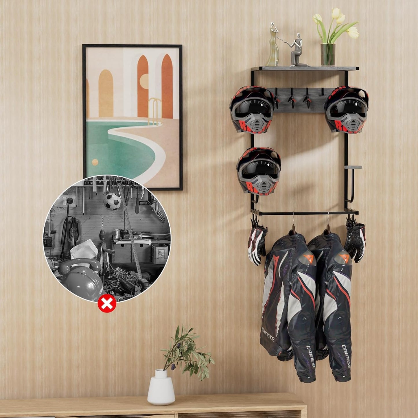 Motorcycle Helmet Holder Wall Mounted, Helmet Holder Wall Mount with Helmet Rack, 4 Glove Chips and 4 hooks, Rustic Helmet Holder and Motorcycle Helmet Rack for Most of Helmet and Clothes (Grey)