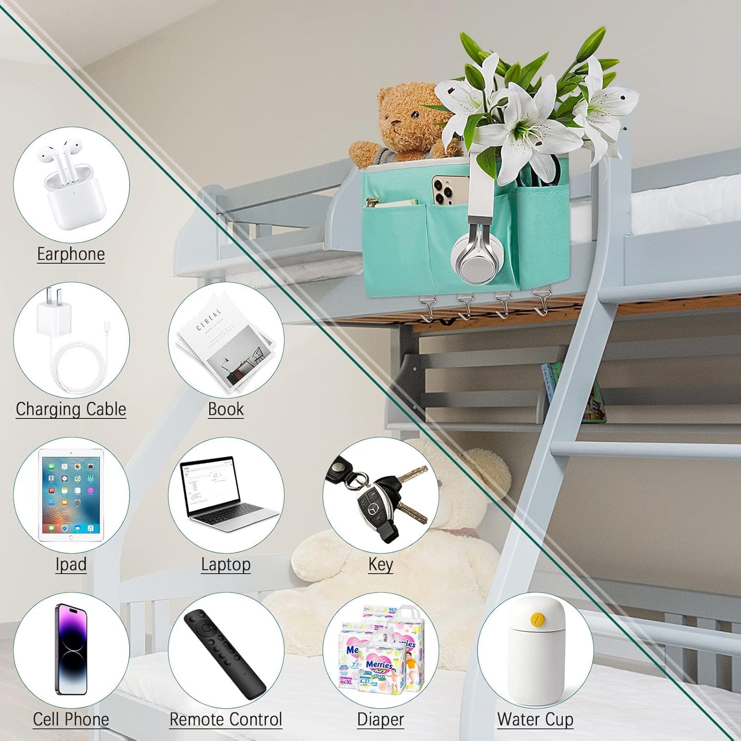 Bedside Storage Organizer 5 Pockets with 4 Hooks Hanging Storage Bag for Headboards/Bunk Bed (Light Green)