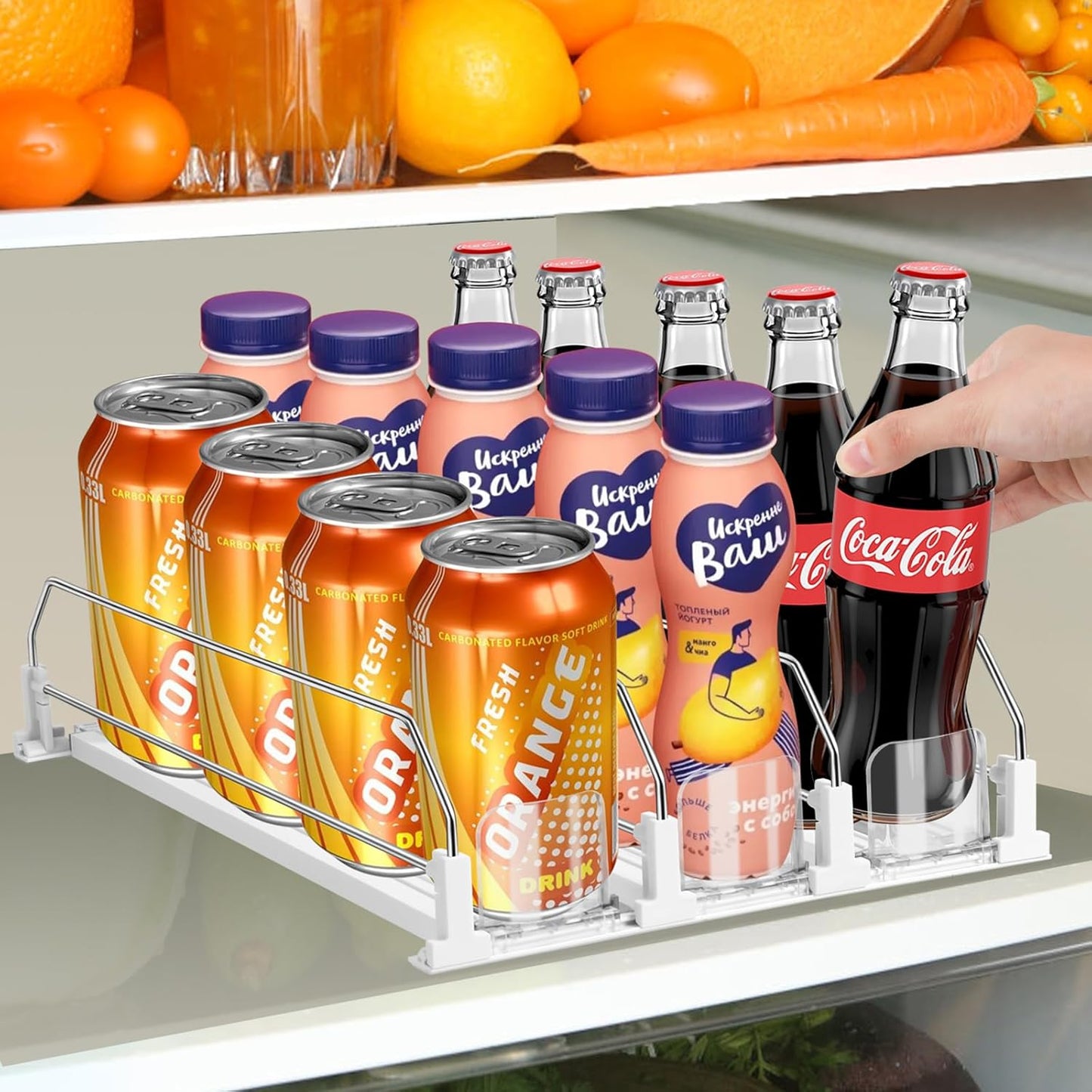 asika Drink Organizer for Fridge, Adjustable Width Soda Can Dispenser for Refrigerator Organizers and Storage, 3 Rows Beer Bottle Beverage Holder with Pusher Glide (14.96" D, White)