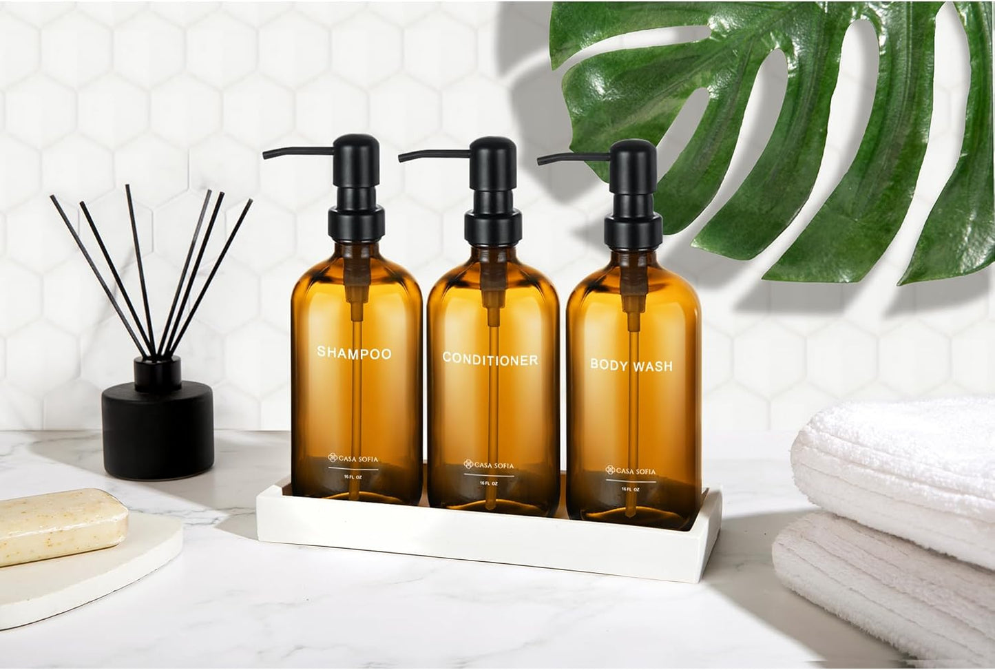 Amber Glass Shampoo and Conditioner Dispenser Set – Refillable 16 OZ Bottles with Pump, Concrete Tray Included – Modern Bathroom Organization