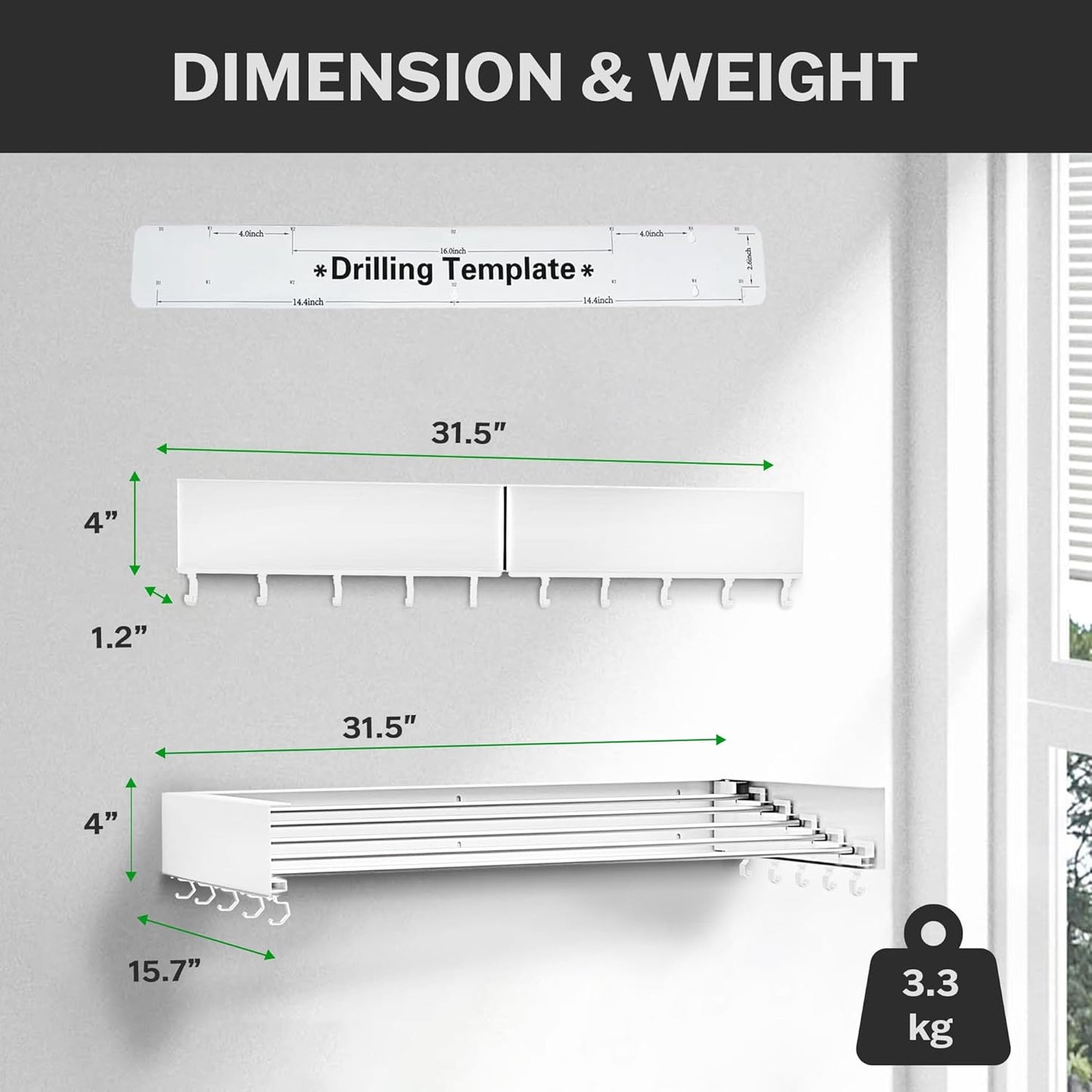 Wall Mounted Laundry Drying Rack, Retractable & Foldable, 31.5" Wide, 13.2 Linear Ft, 5 Heavy-Duty Aluminum Rods, 60 lb Capacity, Space-Saving Design, Easy Installation, Indoor/Outdoor (White)