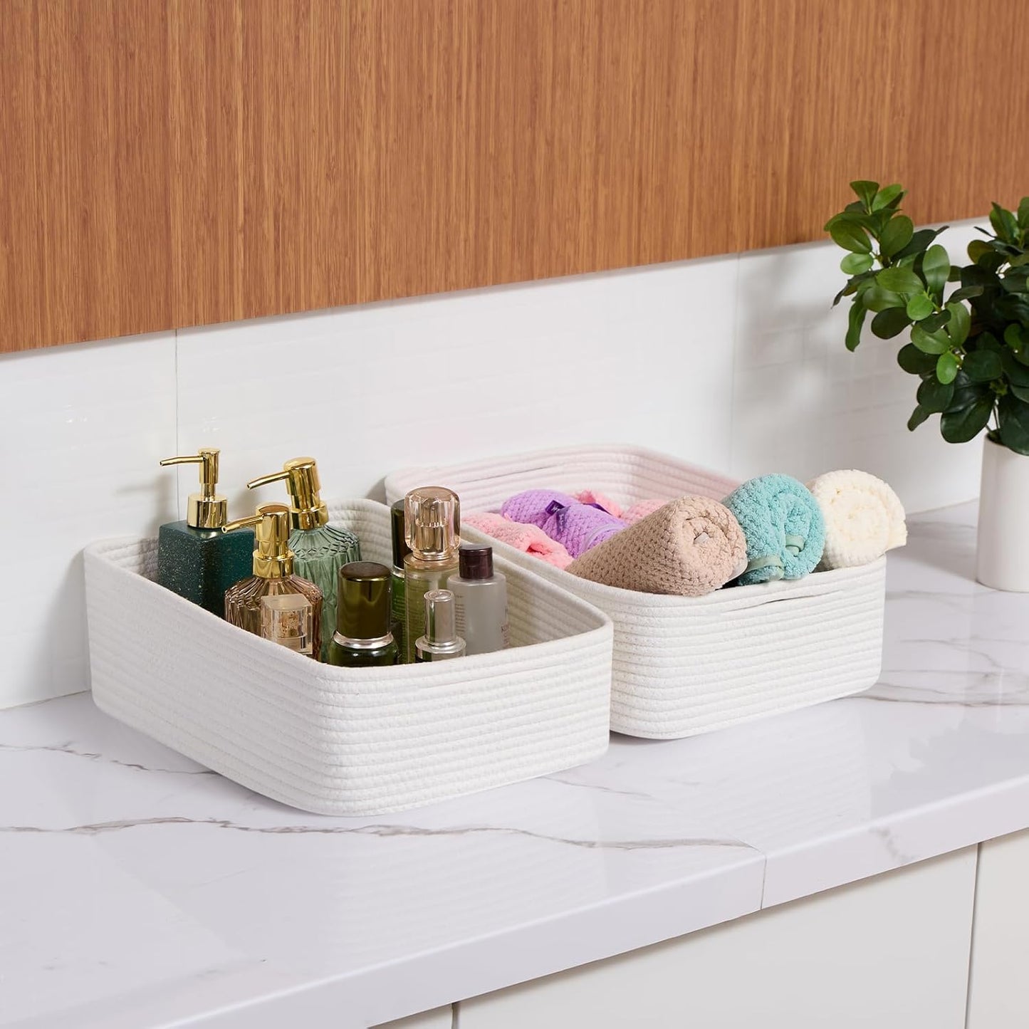 Large Shallow Organizing Baskets 15x11x5.1 Inches - Rope Woven Storage Bins for Bathroom, Shelves, Cube Closet, Off White 3 Packs
