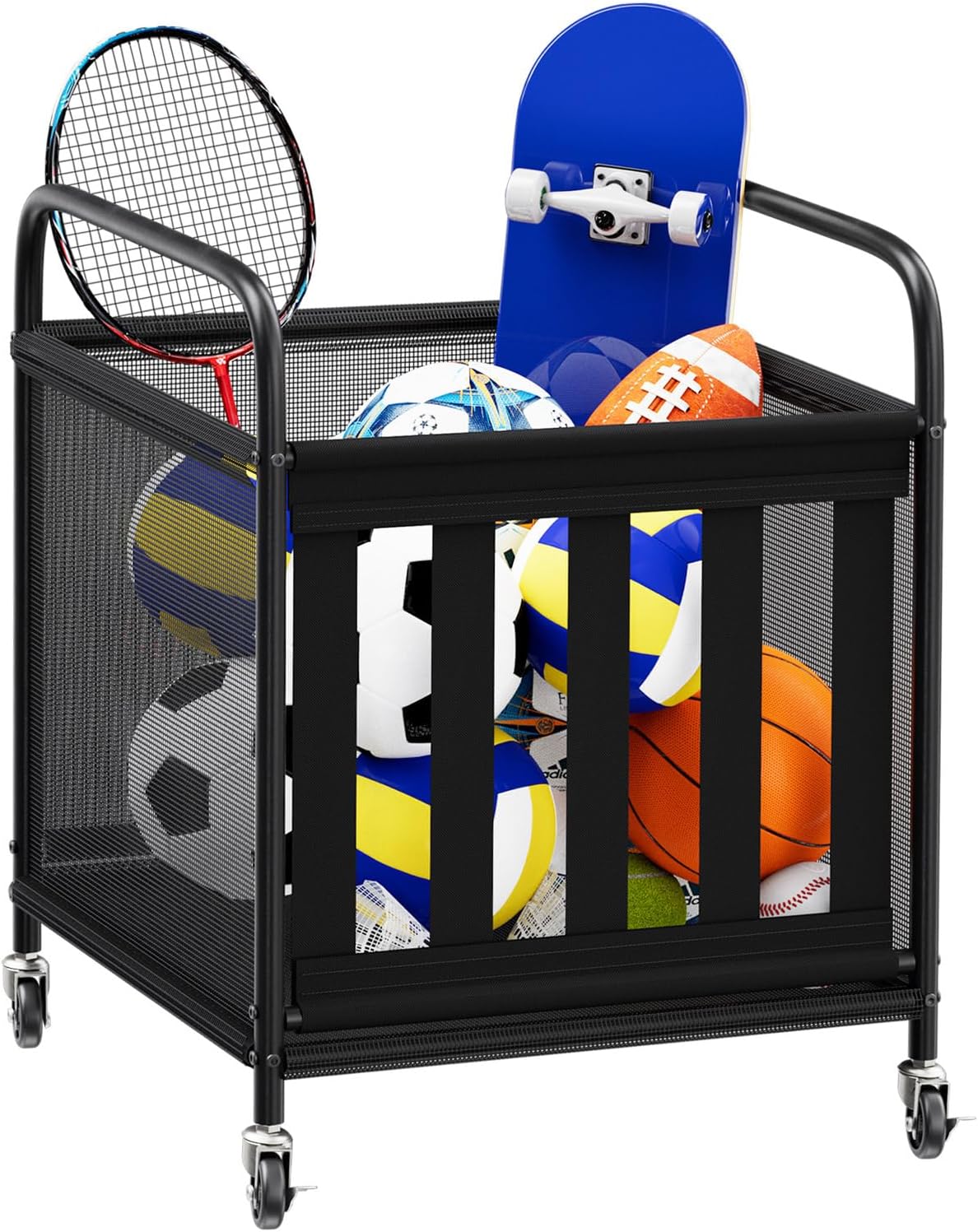 Ball Storage Cart, Sports Equipment Organizer with Wheels, Storing Volleyball, Basketball, Soccer, Baseball and Toy, Lockable Rolling Sports Ball Storage for Garage, Playgroup and Gym