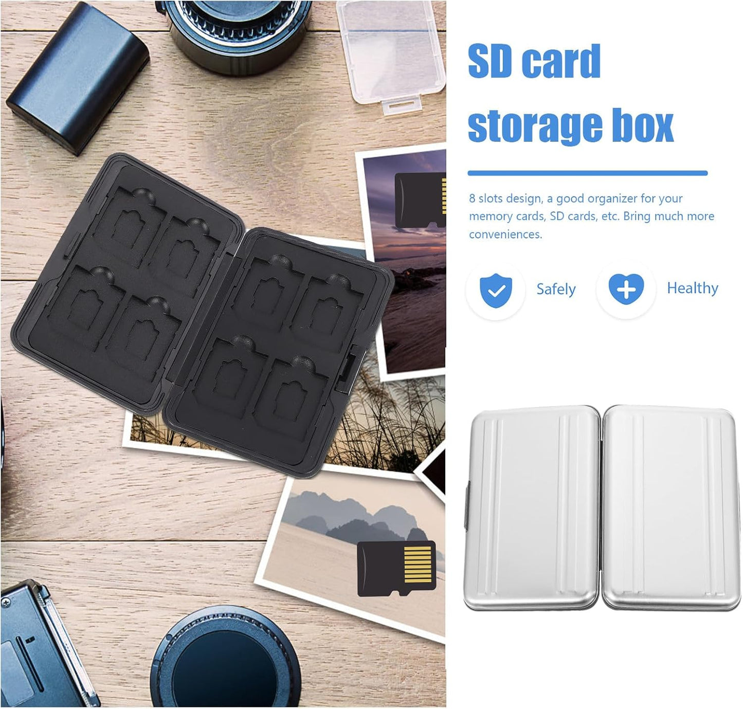 Memory Card Storage Box with Slots Secure Locking Organizer for Micro and Standard Cards Silver Gray Case Holder for Digital Camera Accessories