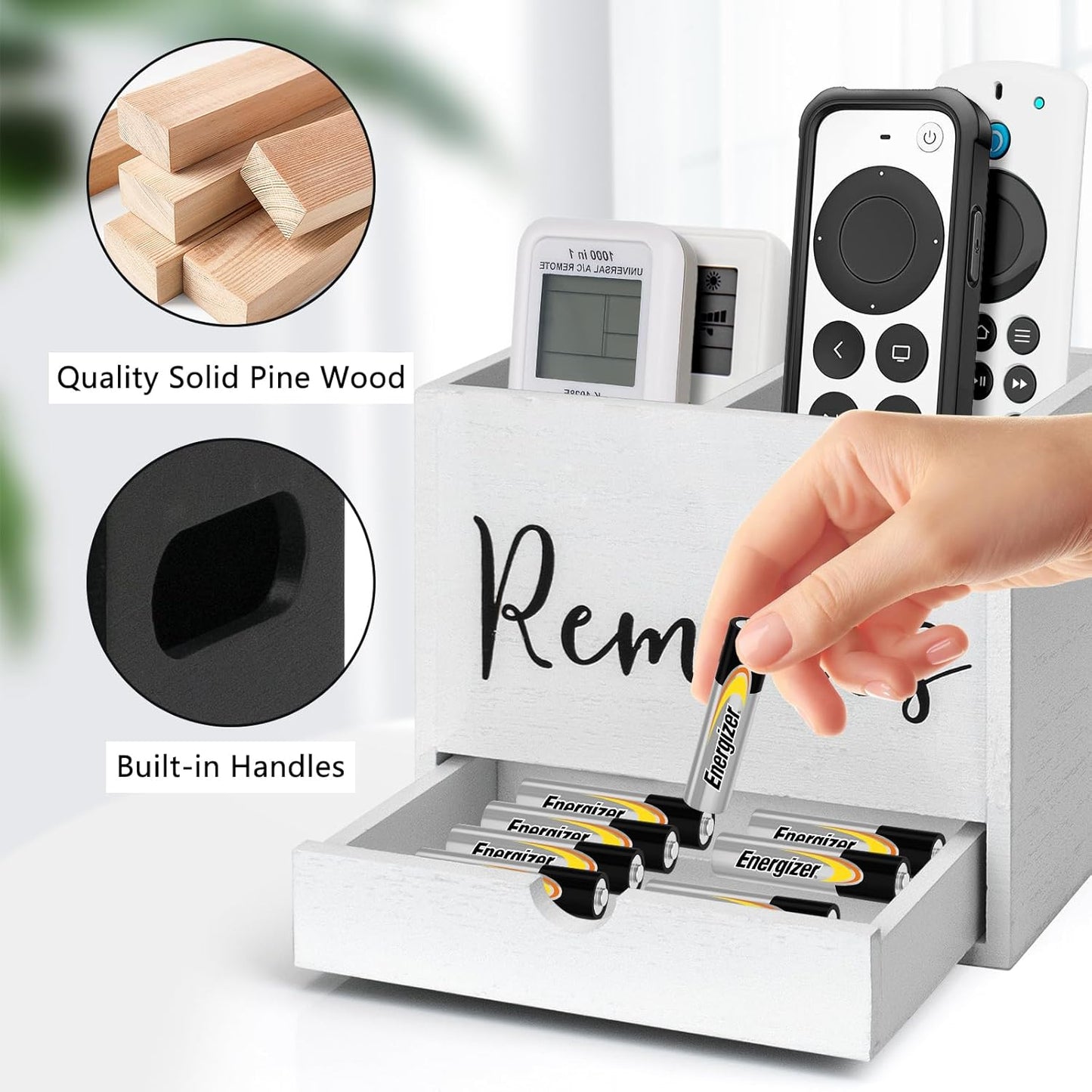 Remote Control Holder, 2 Slot TV Remote Holder& Desk Organizer with Drawers, Remote Organizer Caddy for Table, Wooden Remote Box for Nightstand,Media Storage Box for Living Room, Bed (White)