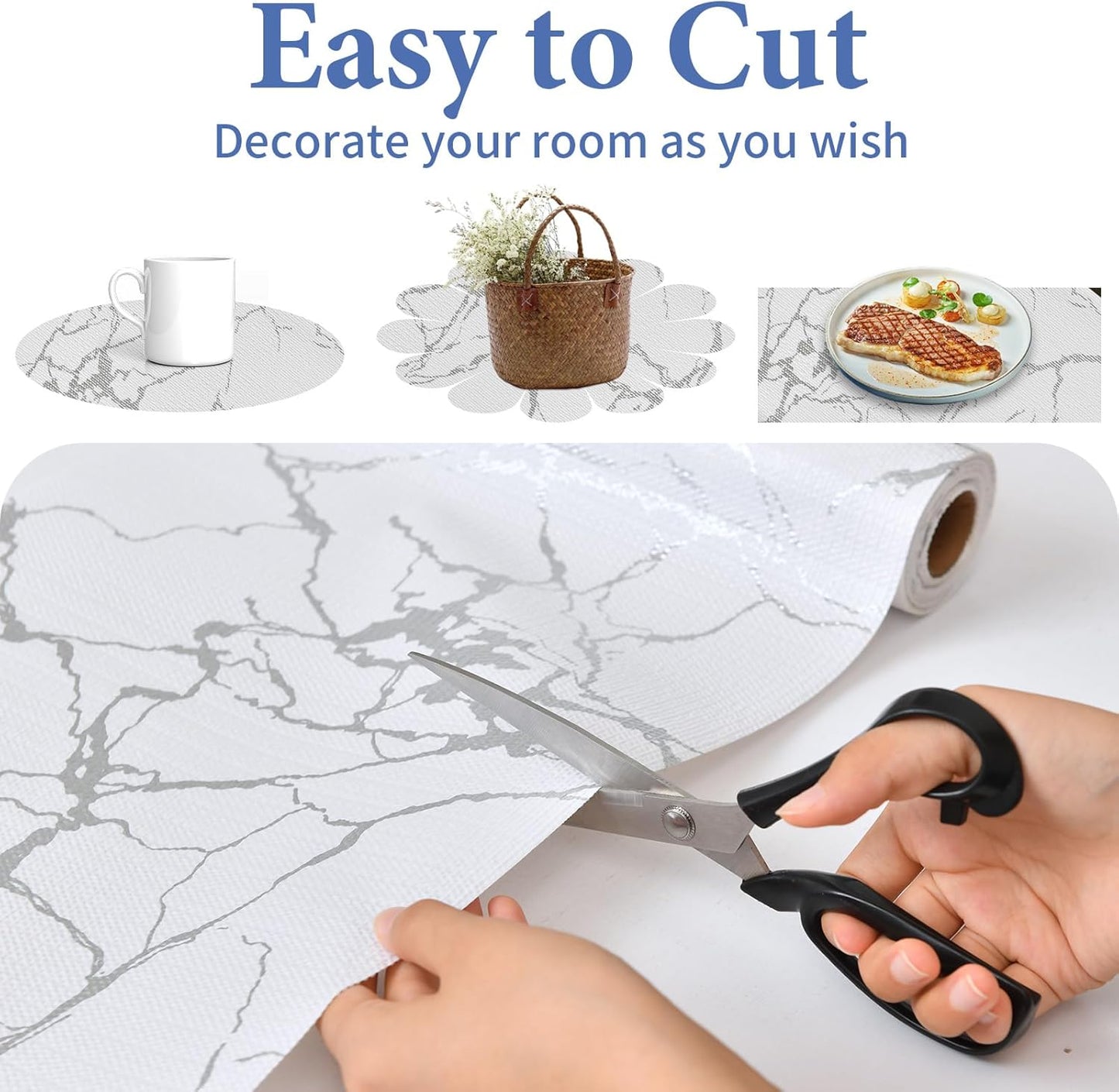 Drawer and Shelf Liner for Kitchen Cabinet: 17 in X 30 Ft Non Slip Waterproof Shelf Paper Non Adhesive Refrigerator Liners Silver Marble Easy Liners for Bathroom with Knife Tape Measure