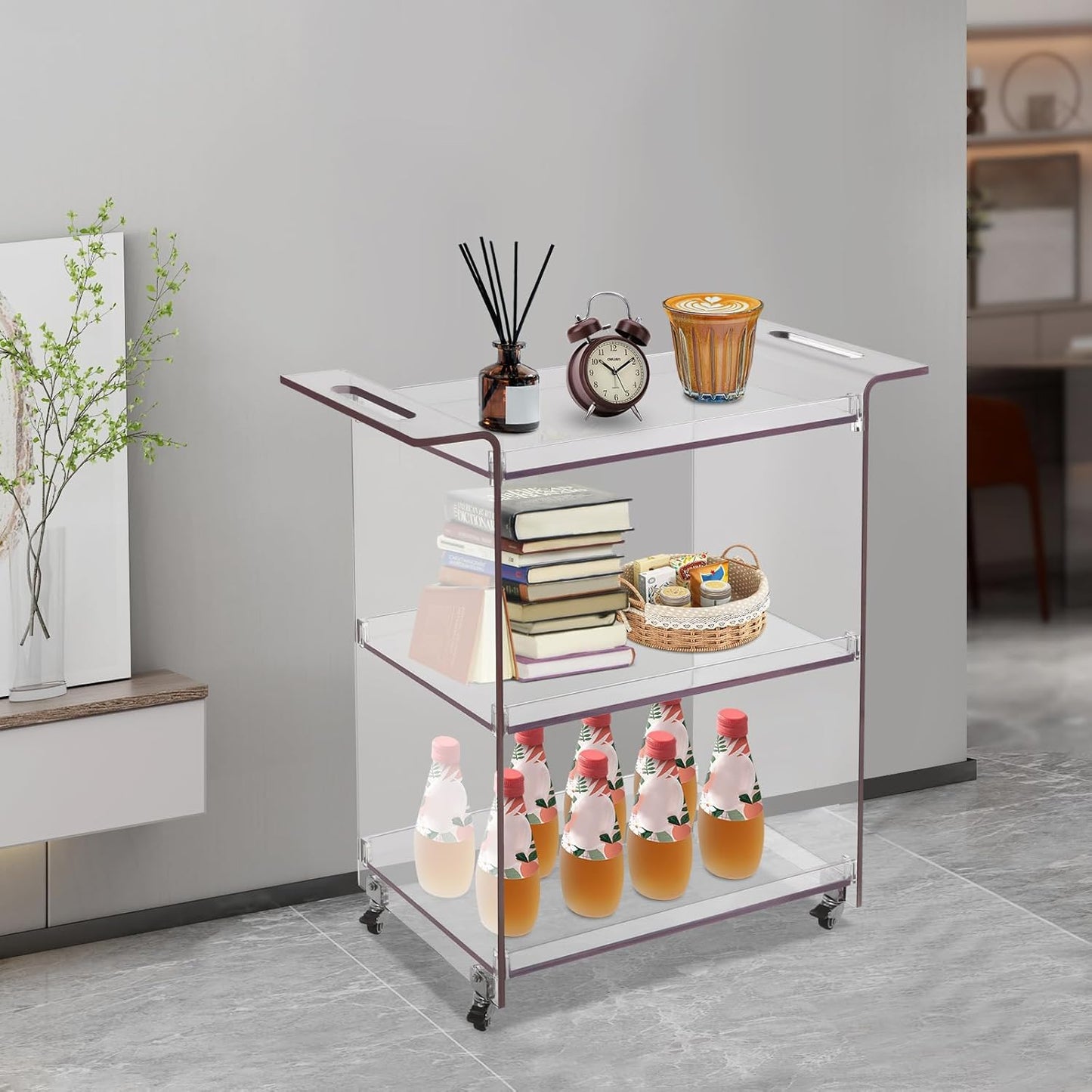 3-Tier Rolling Utility Cart with Wheels, 28×11.8×28.7In PC Rolling Serving Cart, Freestanding Trolley for Homes, Bars, Cafes