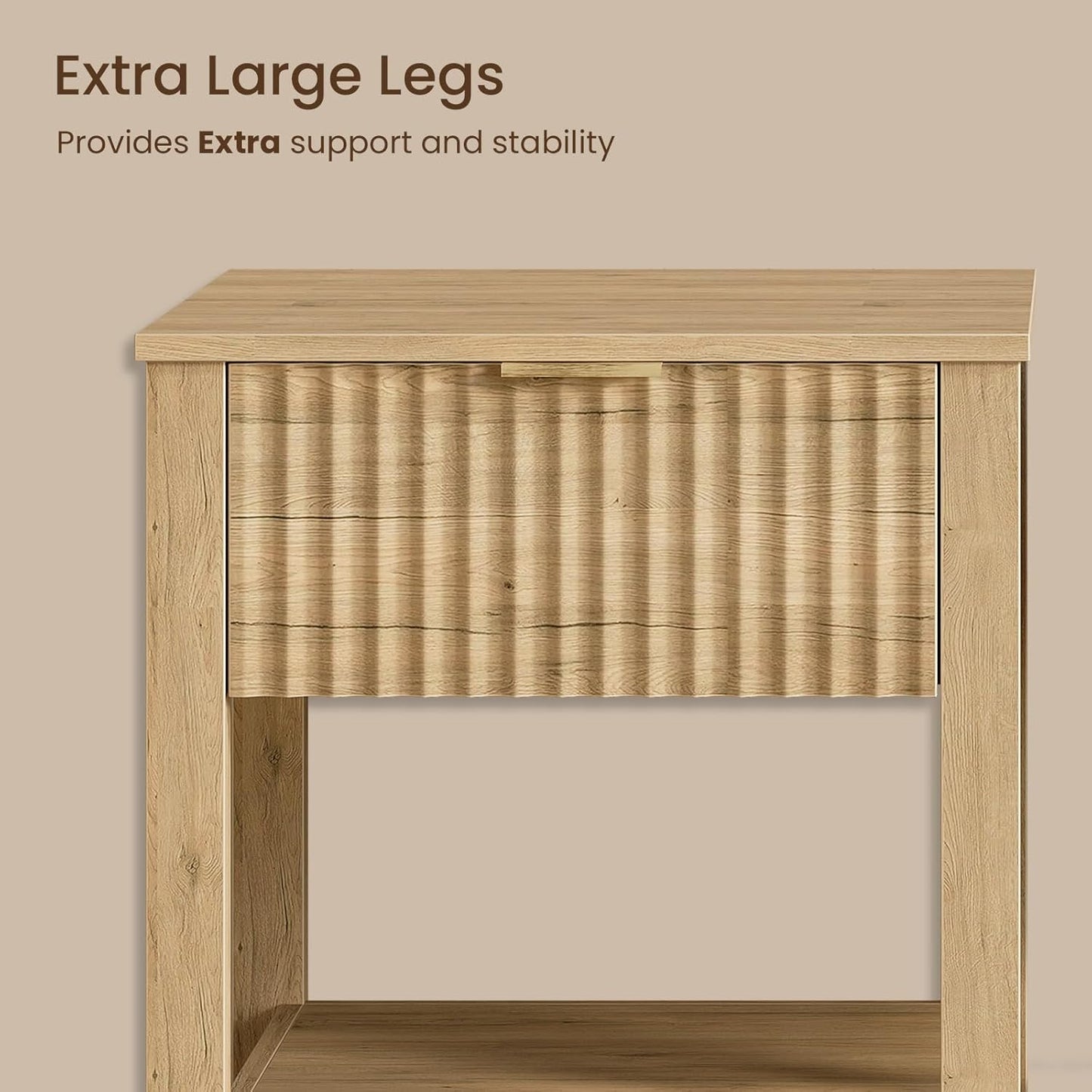 Fluted Night Stand with Golden Handle,Set of 2 Mid-Century Nightstands with Drawer, Bedside Table with Storage Shelf,Large End Tables for Livingroom,Bed Side Tables for Bedroom, Natrual Oak