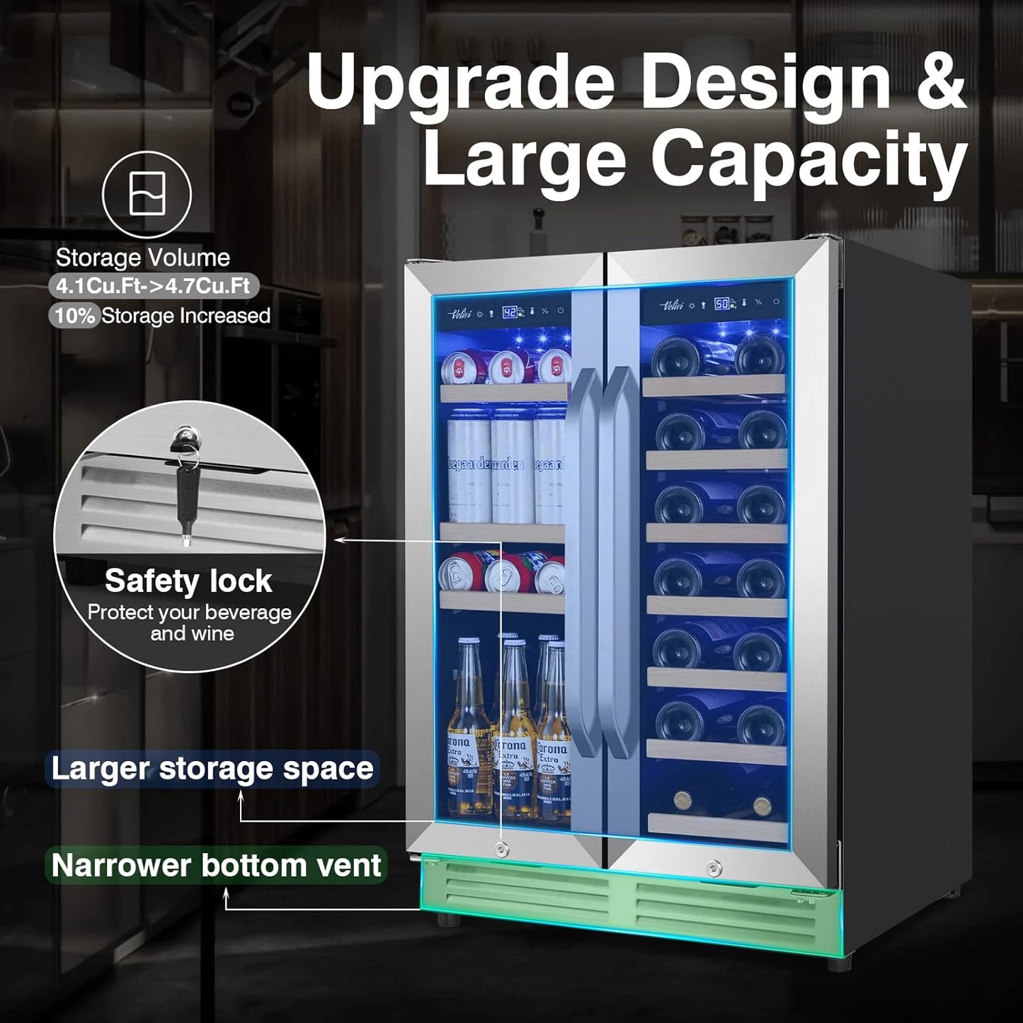 24-Inch Dual Zone Wine and Beverage Refrigerator with Glass Door & Lock- Freestanding/Under Counter Wine Cooler with Large Capacity Drink Fridge for Beer Soda, Fast Cooling