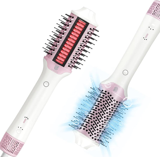 2-in-1 Blow Dryer Brush & Hair Straightener, Ionic & Ceramic Thermal Brush with Adjustable Heat & Cool Shot, 110000 RPM Motor High-Speed Motor for Frizz-Free, Smooth & Voluminous Hair, White with Comb