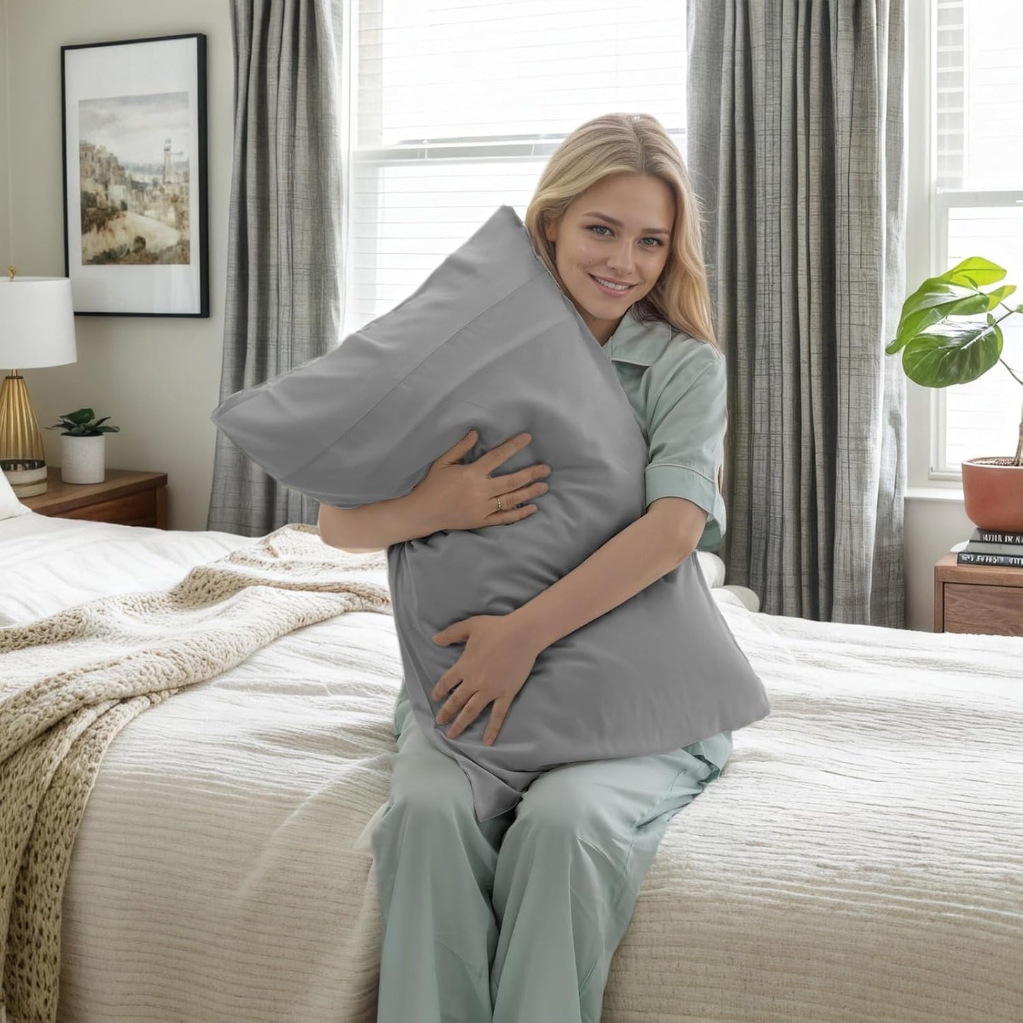 TELUS Pillow Cases Queen Size 2 Pack, Bamboo Rayon & Lyocell Pillowcase with Envelope Closure, Cooling Breathable Pillow Cover for Hot Sleeper & Night Sweats, 20x30 inch, Light Grey
