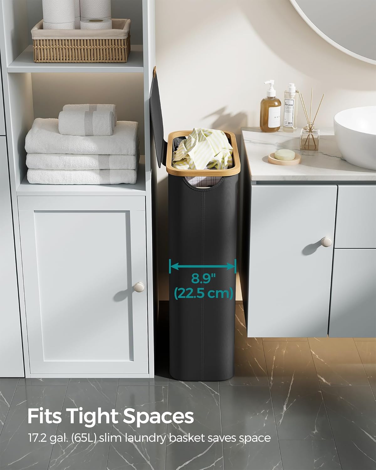 SONGMICS Laundry Hamper with Lid, Slim Laundry Basket, 17.2 Gallons (65L), Space-Saving, Removable Mesh Liner, Bamboo Handles, Collapsible, 16.5 x 8.9 x 27.8 Inches, Ink Black ULCB506B01