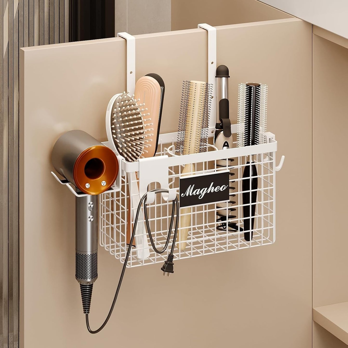 Hair Dryer Holder Cabinet Door 3-in-1 Adhesive Hair Tool Organizer Wall Mounted Adjustable Height Blow Dryer Holder Under Sink Bathroom Hair Appliance Organizer and Storage Countertop(White)