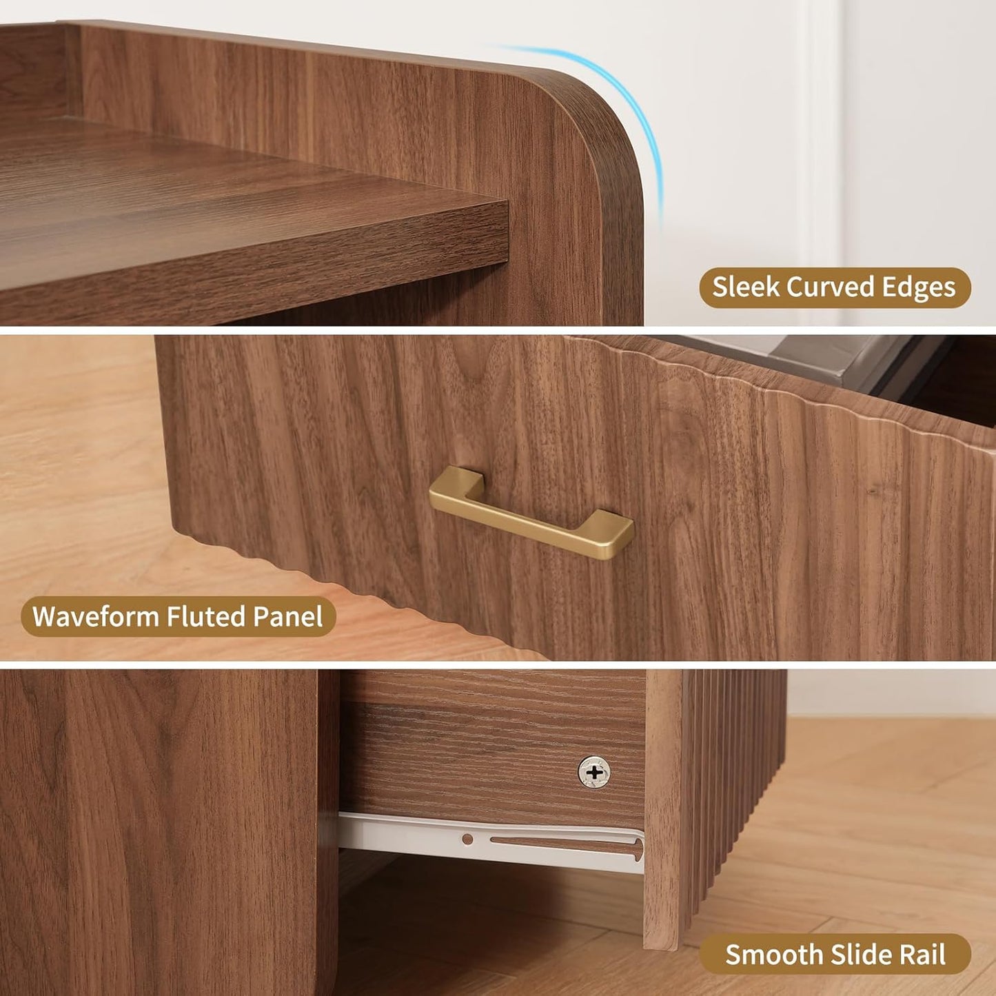 Night Stand with Charger Station, Fluted Nightstands Set of 2 with Drawer, Modern Bedside Table Set of 2, Wide Nightstands for Bedroom, Mid Century Wooden Night Stands for Home Sofa Couch