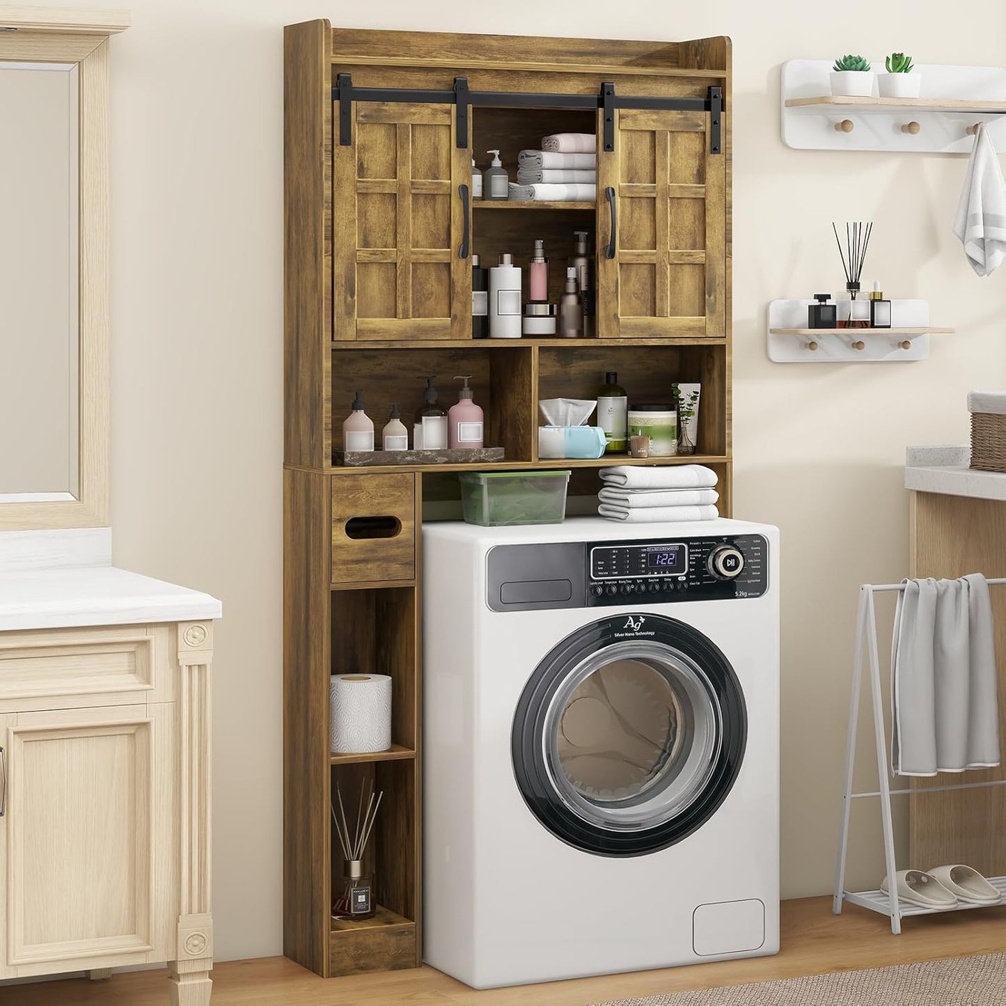 Over The Toilet Storage Cabinet, Farmhouse Storage Cabinet Over Toilet with Sliding Doors，Home Space-Saving Toilet Rack, for Bathroom, Restroom, Laundry. Brown