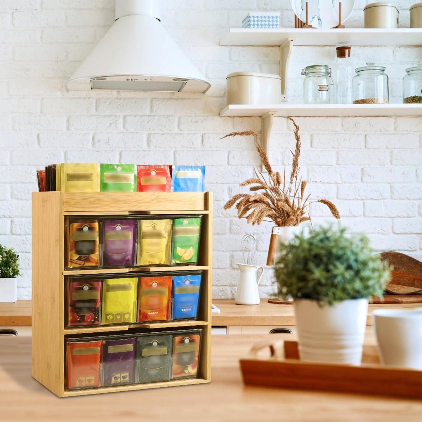 Tea Bag Organizer - Bamboo Tea Storage With Drawer 3 Layer, Organizer for Tea Bags Natural Wood & Acrylic for Countertop Office Kitchen Cabinet Pantry