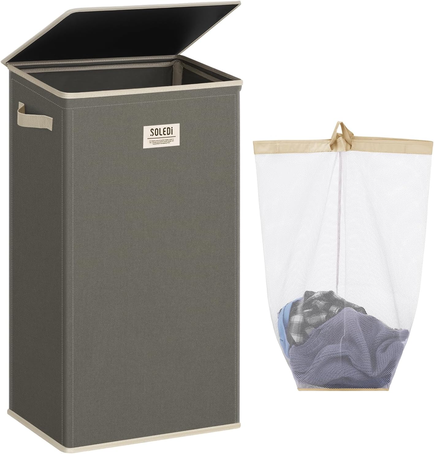 SOLEDI Laundry Hamper with Lid 100L Large & Tall Collapsible Laundry Basket, Clothes Hamper with Bag Removable Easy to Carry, Dirty Hampers for Bedroom, Bathroom, Dorm, College, Cement