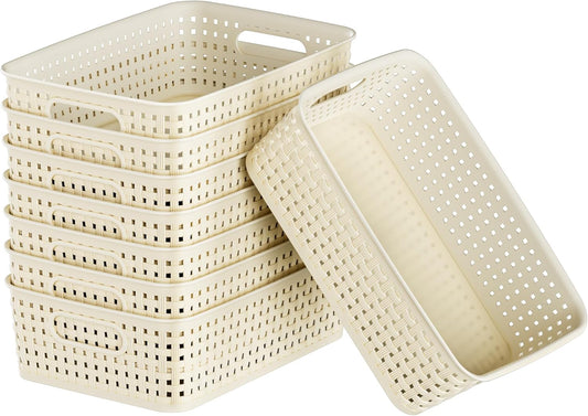 White Plastic Basket, 8 Pack Home Organization and Storage Baskets with Handles, Space Saving Woven Organizer Bins Plastic Storage Basket for Organizing Cabinets,Closets, Shelves, Countertops