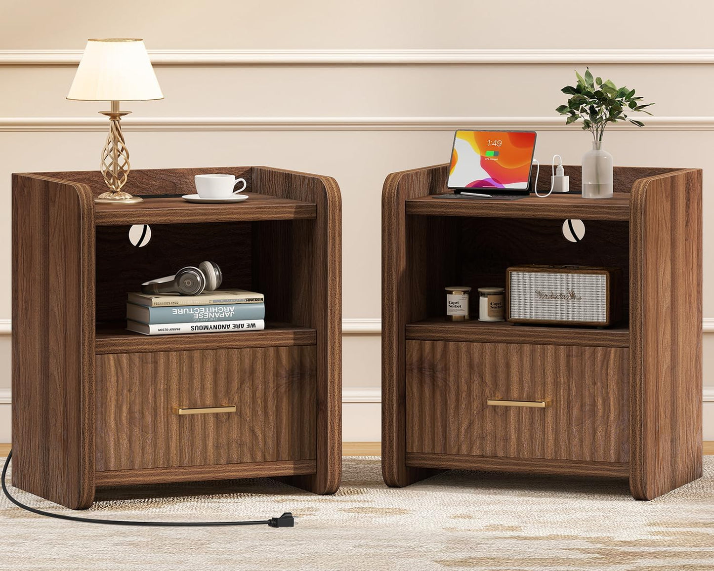 Night Stand with Charger Station, Fluted Nightstands Set of 2 with Drawer, Modern Bedside Table Set of 2, Wide Nightstands for Bedroom, Mid Century Wooden Night Stands for Home Sofa Couch