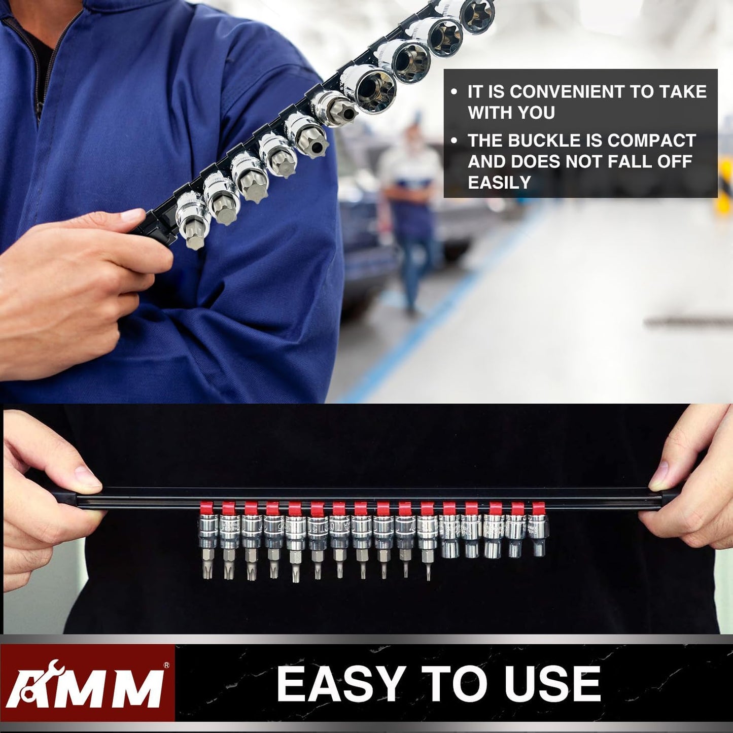 AMM 18-Piece Socket Organizer, 1/2 inch, 3/8 inch and 1/4 inch Drive ABS Tools-Socket Holder,Heavy Duty Socket Racks, Premium Quality Socket Clip Rail Holder,The best tool trays in the garage