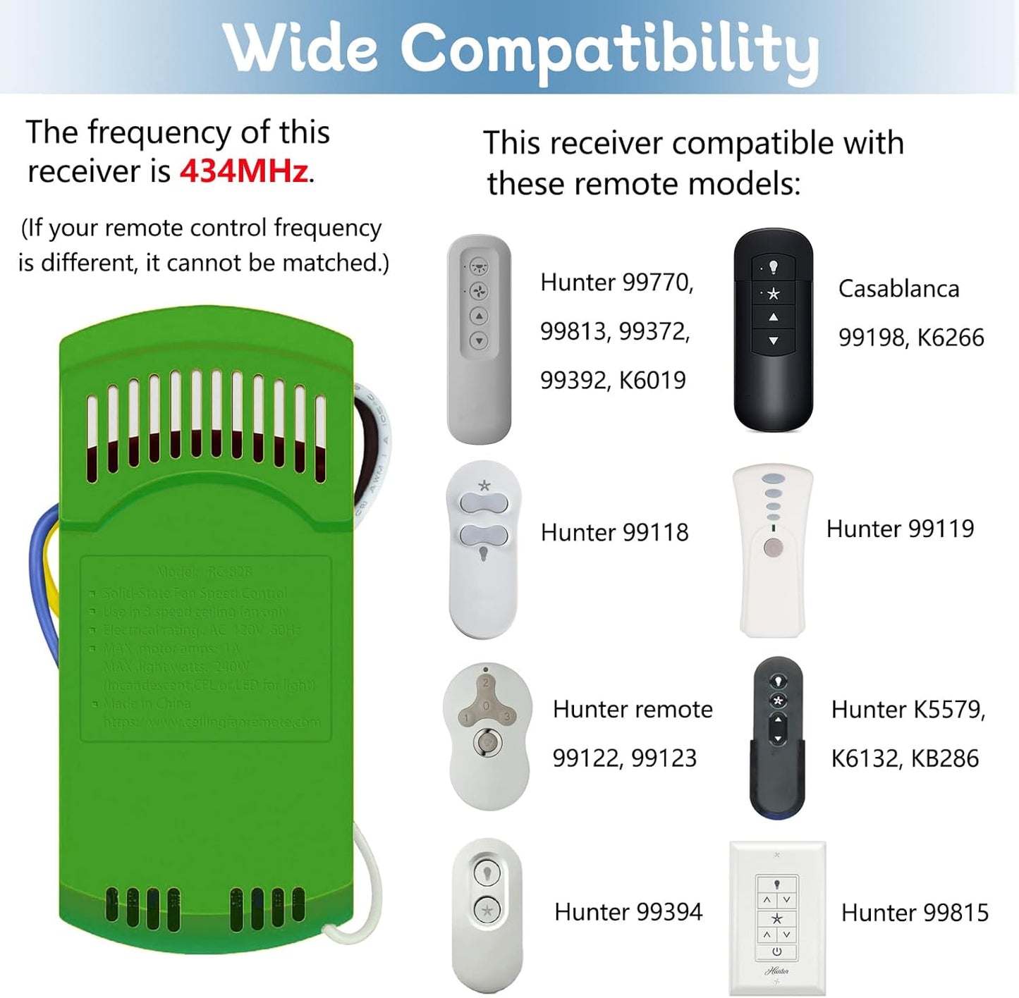 Receiver for 3 Speed AC Ceiling Fan Remote, 434MHz, Compatible with Hunter and Casablanca Ceiling Fan, Replace for Hunter 99770 99813 99392 99118 99122 99123 99119, Receiver only - Remote Not Included