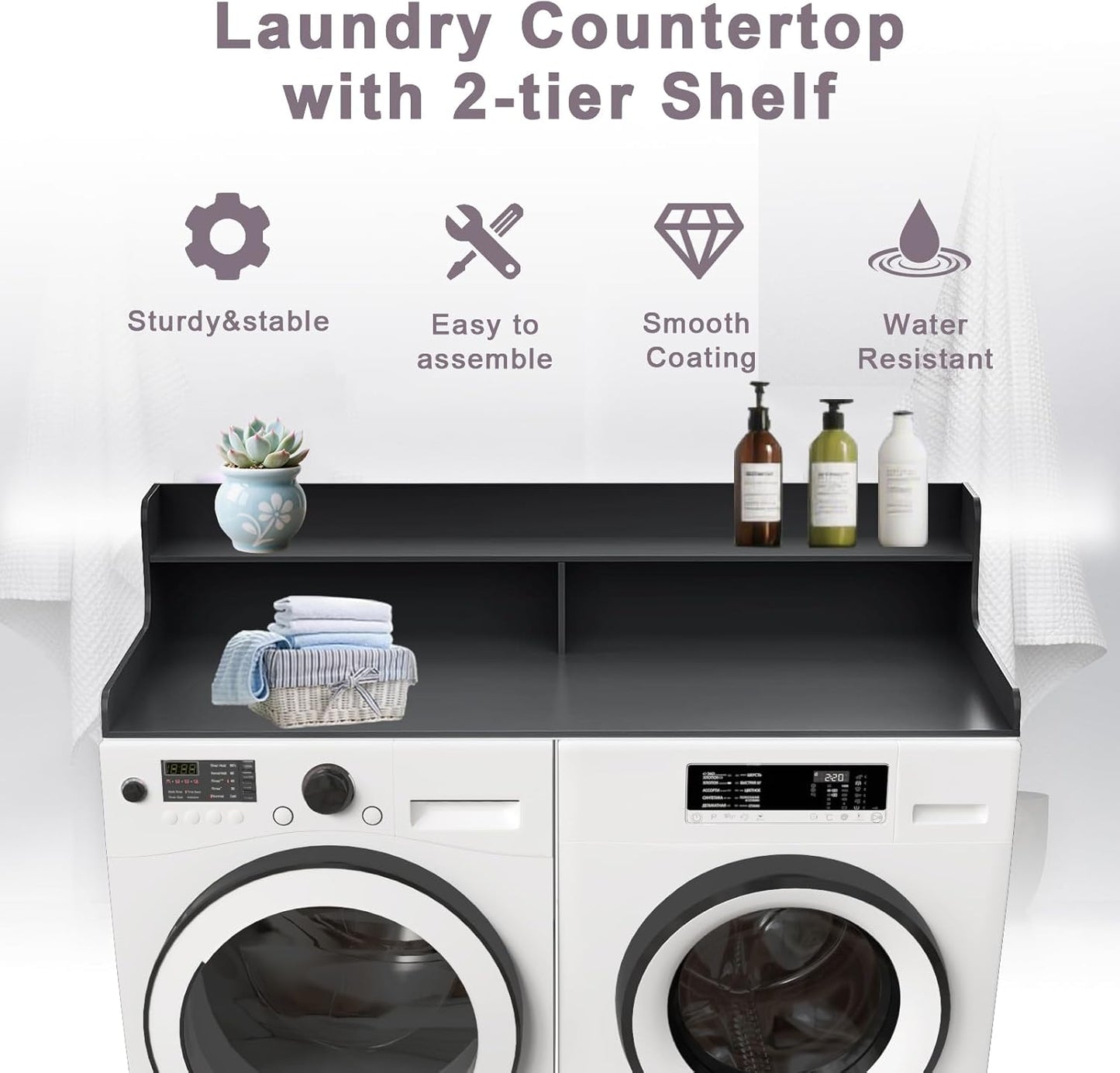2-Tier Washer and Dryer Countertop Shelf, White Laundry Topper with Non-Slip Pads, Laundry Room Storage & Organization for Small Apartment Kitchen