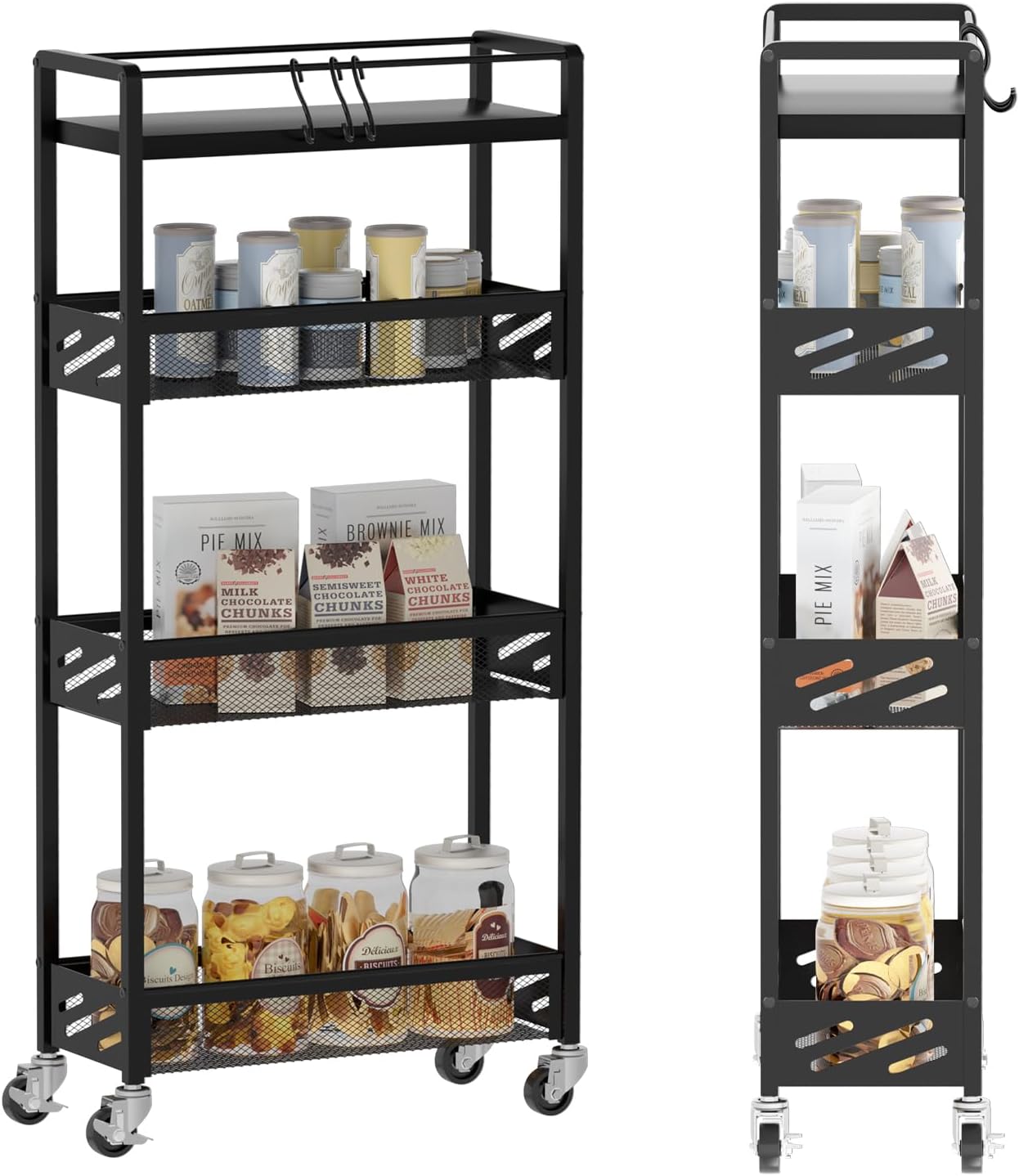 DGSNADGO Slim Rolling Storage Cart, 4-Tier Kitchen Cart on Wheels, Narrow Utility Cart with Handle and Wooden Tabletop for Small Space in Kitchen, Living Room, Bathroom, Laundry Room, Beige (Black)