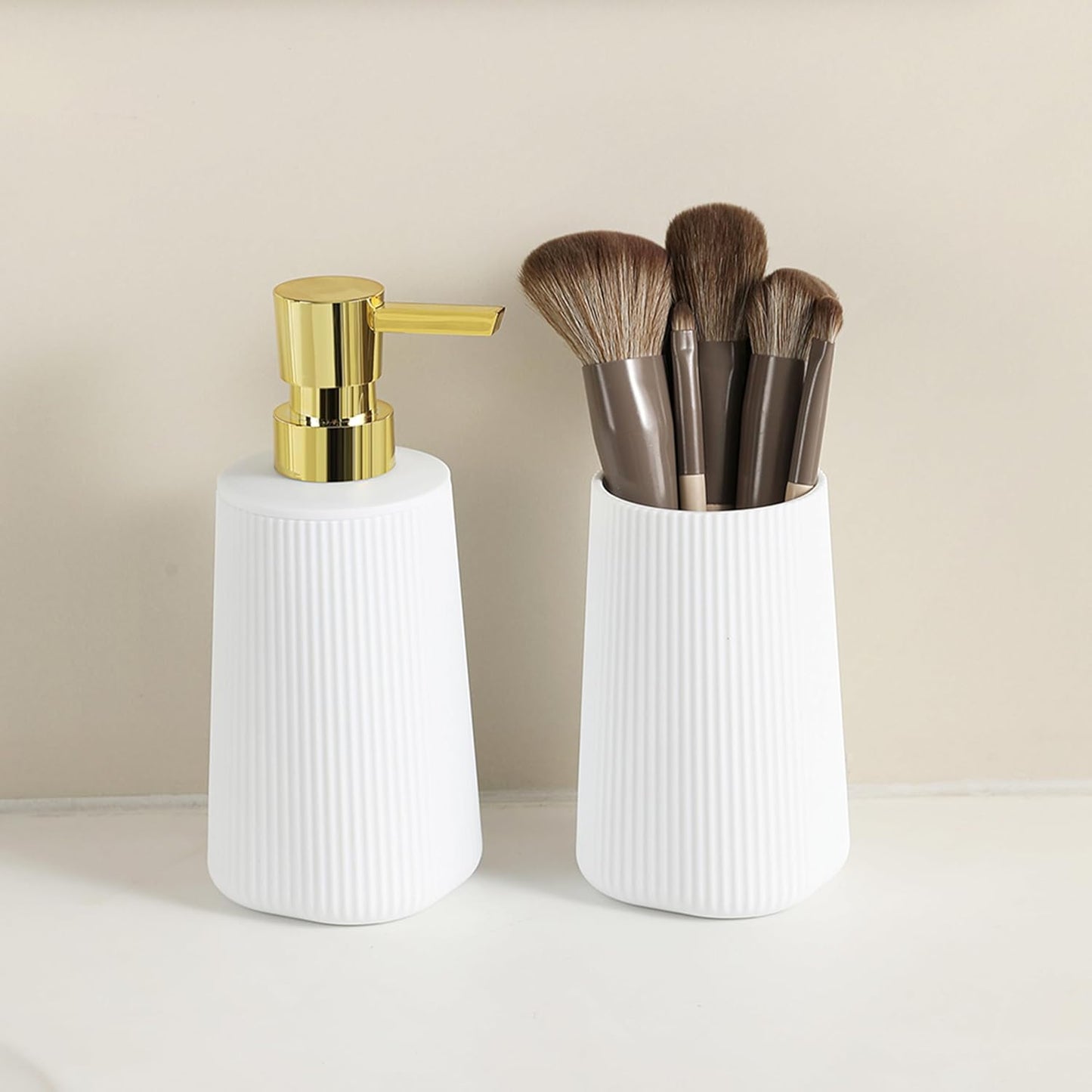 Bathroom Accessories 2 Piece Soap Dispenser and Toothbrush Holder Set Striped White and Gold