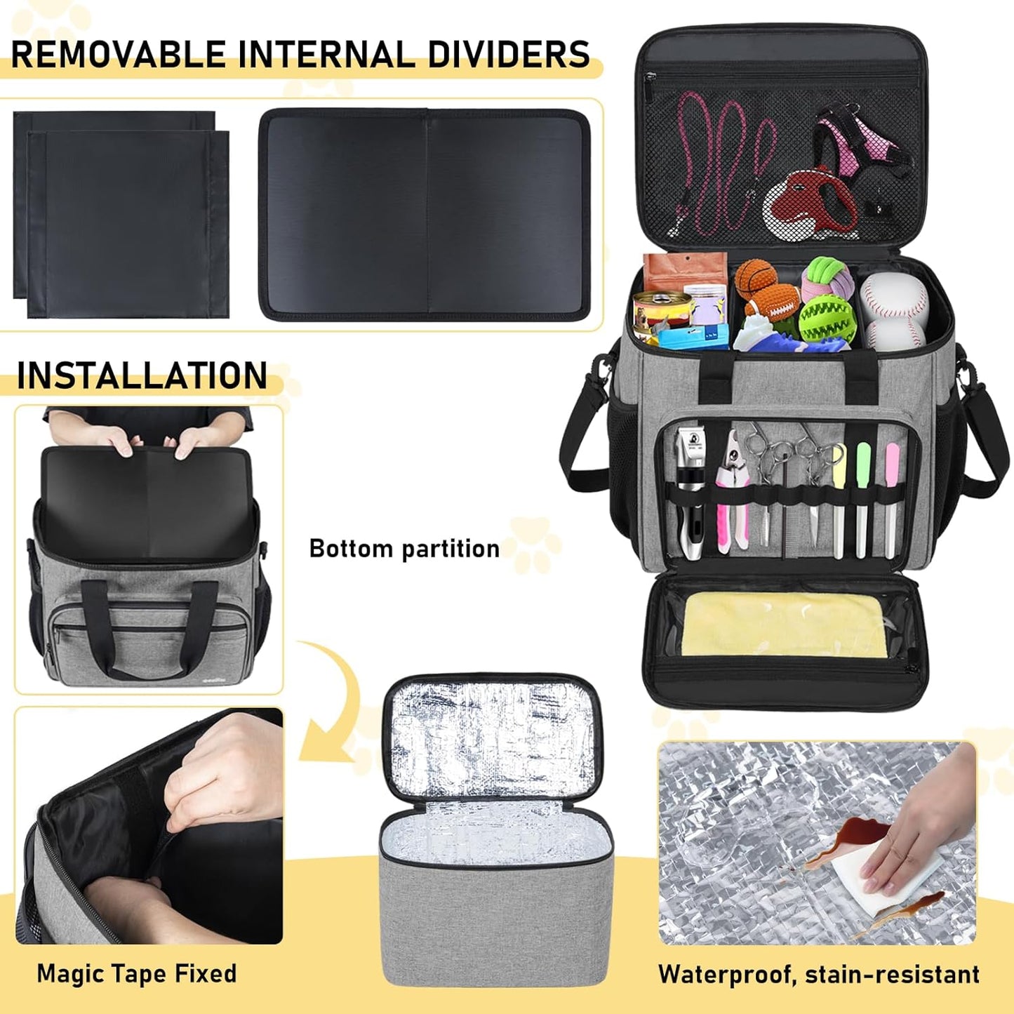 GMAK Pet Grooming Bag, Dog Grooming Tote Bags Supplies Organizer Case Pets Tools Organizer Tote for Dog Cat Grooming Tool Kit, Clippers, Scissors and Accessories, Grey(Bag Only)