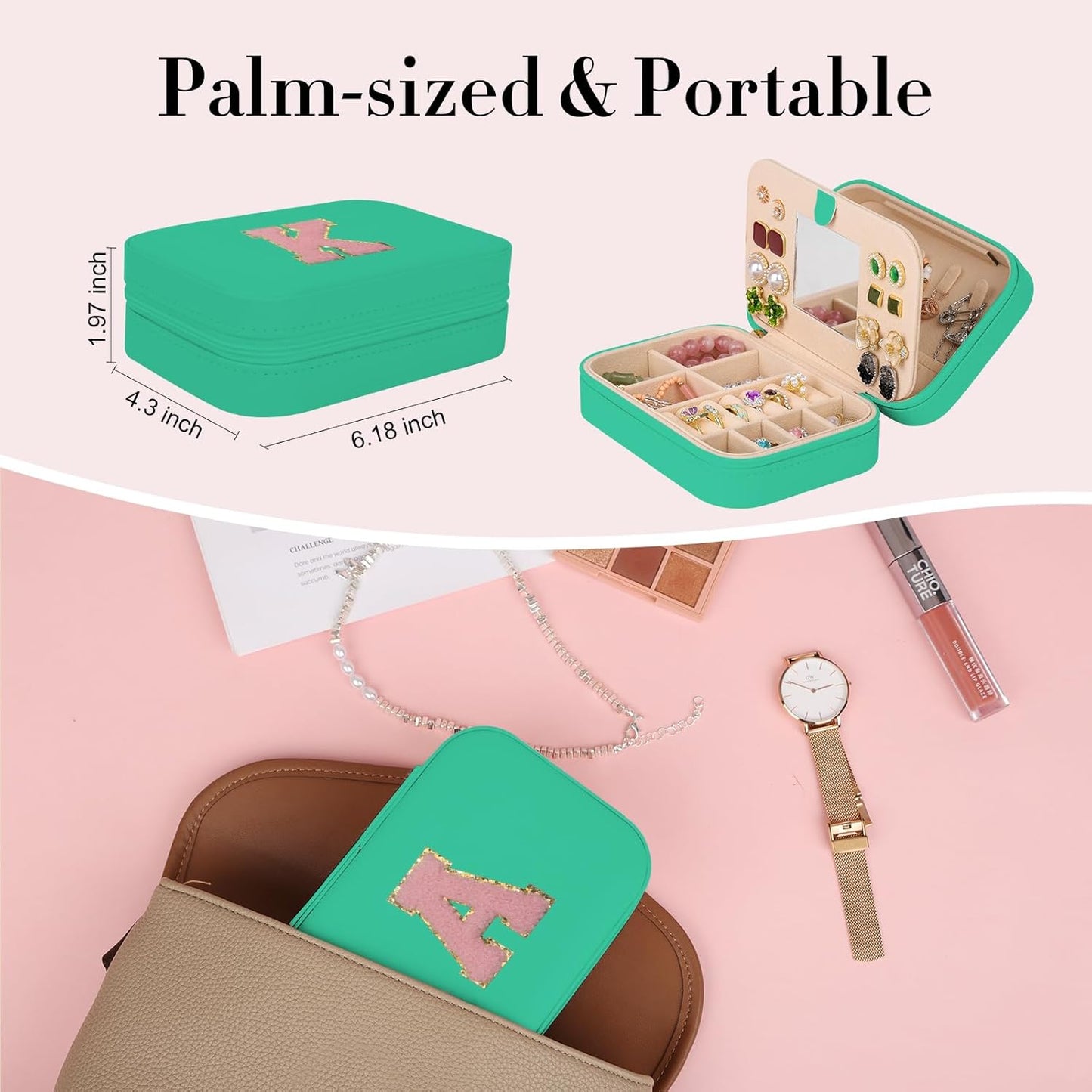 TopPerfekt Travel Jewelry Case, Jewelry Box with Mirror, Jewelry Organizer Bridal Shower Gifts to Her, Earring Storage Travel Case, Trendy Gift for Women and Girls, Girlfriend-Letter A, Green