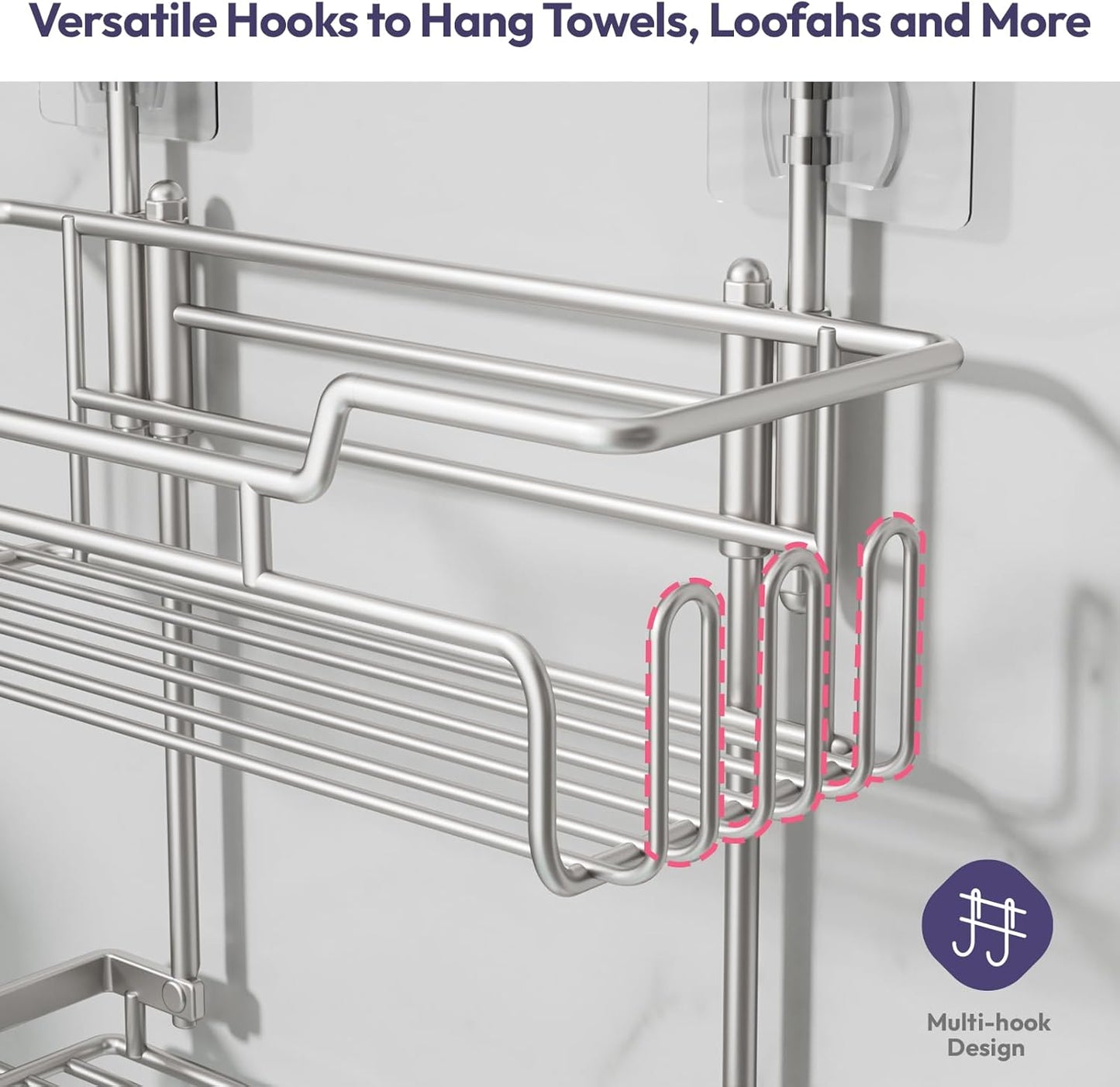 SWTYMIKI Bathroom Shower Caddy Hanging - 3 Tier Rustproof Over Shower Head Organizer, No Drilling Bathroom Shelf with 16 Hooks & Soap Holder, Anti-Swing Rack, Sand Nickel, Medium