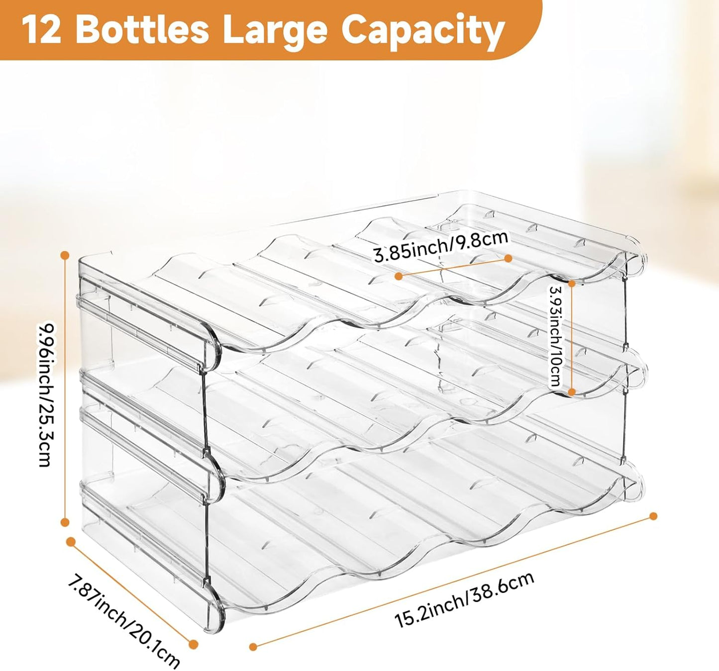 Stackable Water Bottle Organizer, Large Compartment Water Bottle Holder, 3 Tier Water Bottle Organizer for Cabinet, Water Bottle Rack for Kitchen Organization and Storage - Hold 12 Bottles