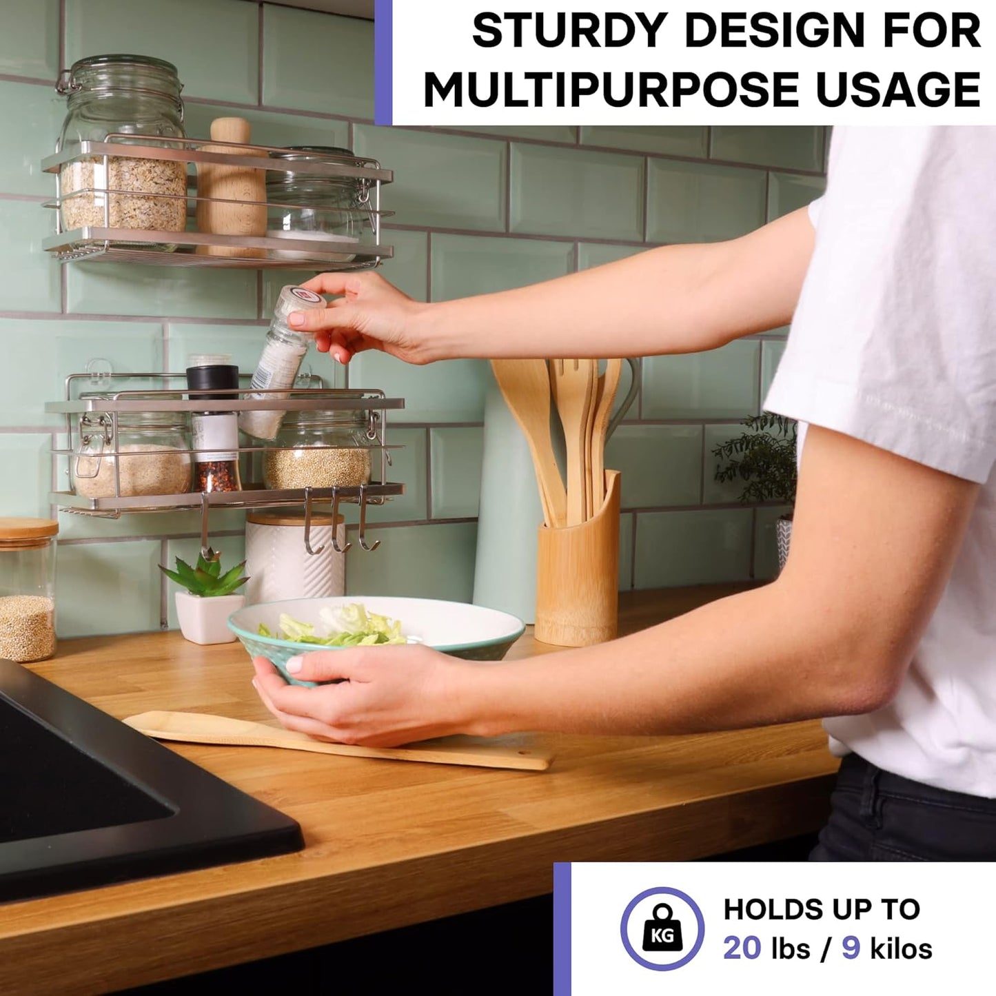 KINCMAX Shower Shelves 2-Pack - Self Adhesive Caddy with 4 Hooks - No Drill Large Capacity Stainless Steel Wall Shelf - Aesthetic Organizer for Inside Bathroom - Polished Silver