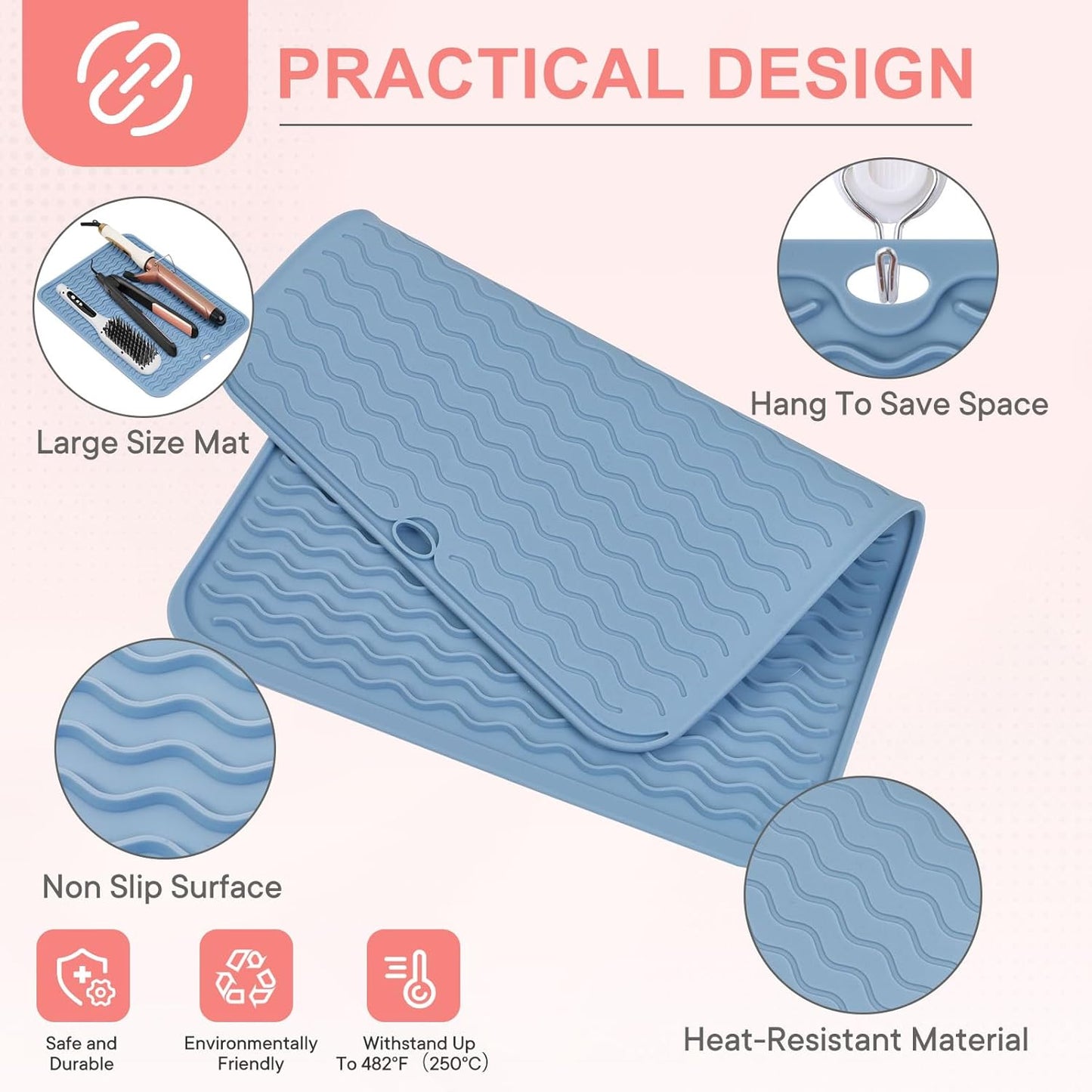Oversize Silicone Heat Resistant Mat, Portable Travel Mat Cover with Velcro for Curling Irons, Flat Irons, Hair Straightener and Hot Hair Styling Tools(14.2" x 11")
