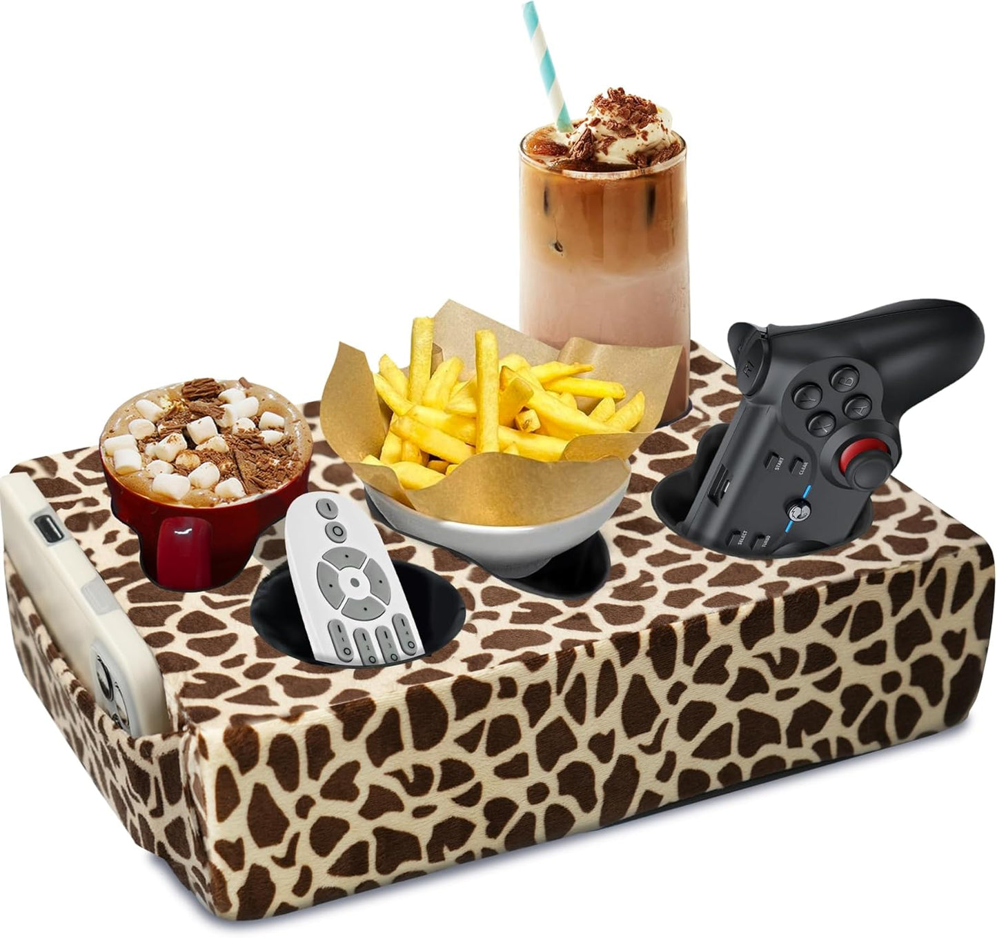 Couch Cup Holder Pillow, 5 Hole Couch Drink Holder! Keep Drinks Hand Side and Keep Temp, Prevent Spills and Use Anywhere. Cup Holder for Couch, Bed, Camping, RV, Car, Beach. Brown Beige