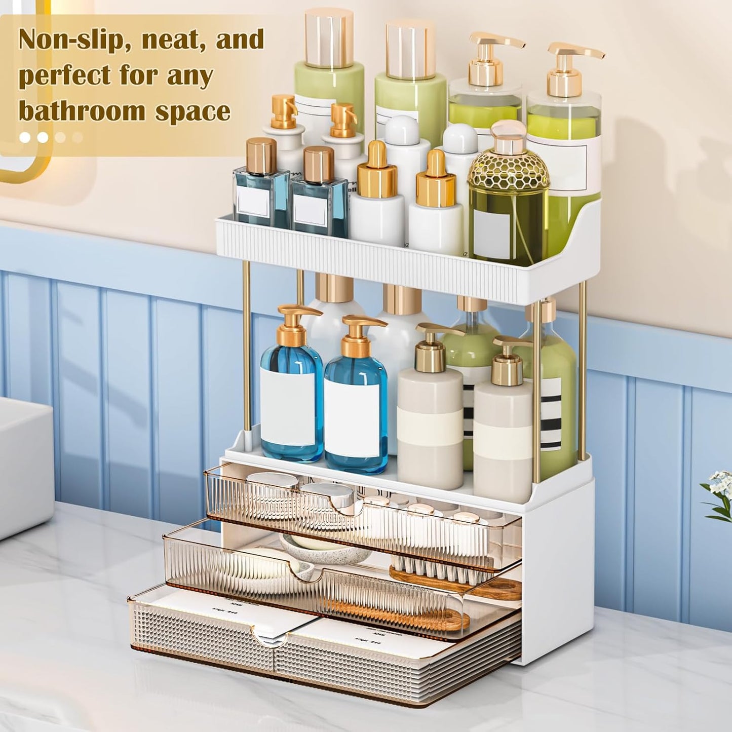 Bathroom Organizers and Storage - 3 Drawers 2 Tier Makeup Organizer, Cosmetic Storage Drawer for Dresser Countertop and Bathroom Vanity for Large Skincare, Perfume, Amber