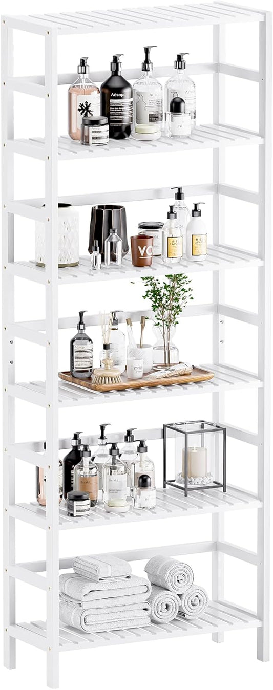 HITNET Bookshelf, 6-Tier Tall Bookcase Freestanding Bamboo Book Shelf Bathroom Storage Organizer with Adjustable Shelves, White
