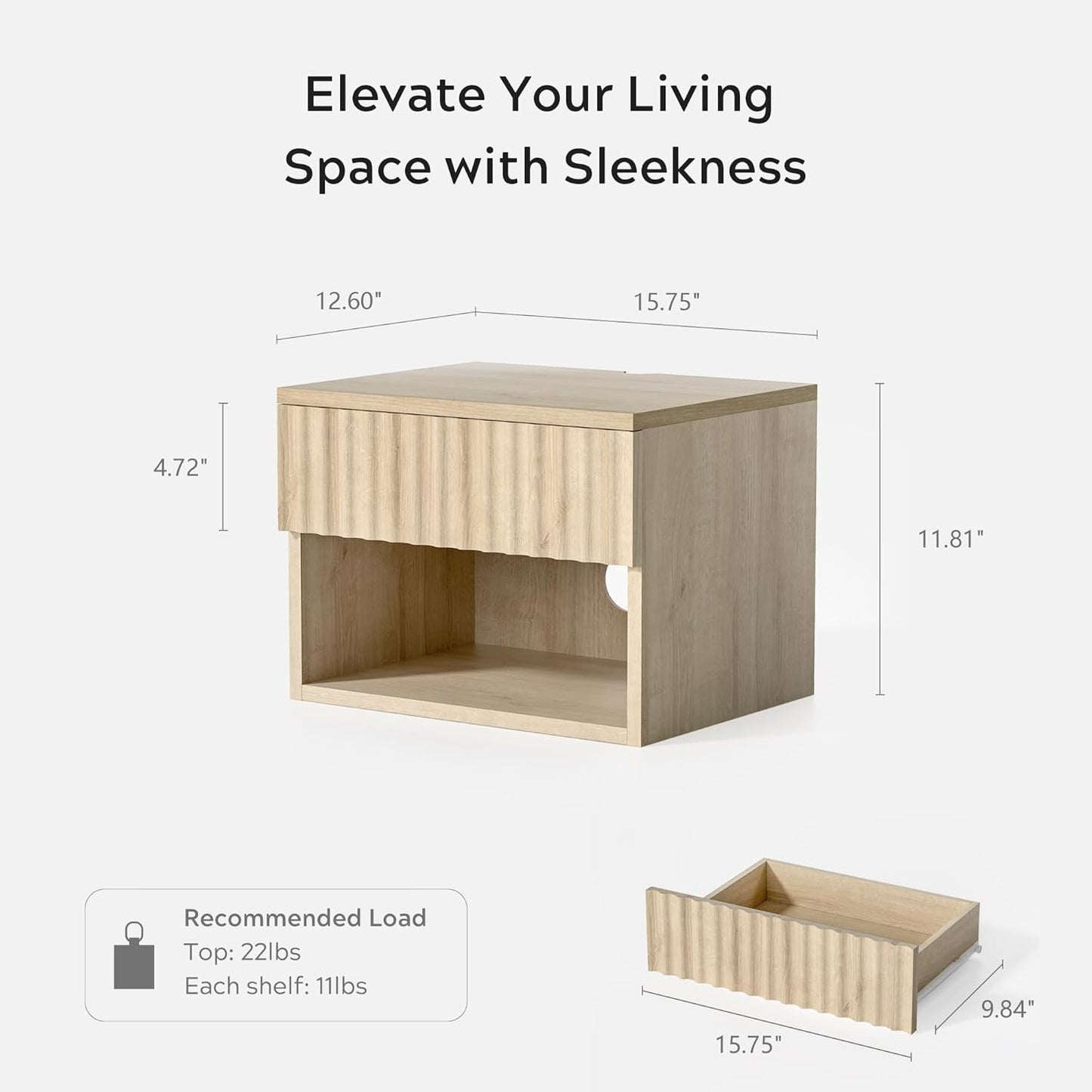 Floating Nightstand Set of 2 with Drawer, Fluted Modern Night Stand with Fluted Door and Open Storage Shelf Wall Mounted Bedside Table for Bedroom, Entryway Light Oak