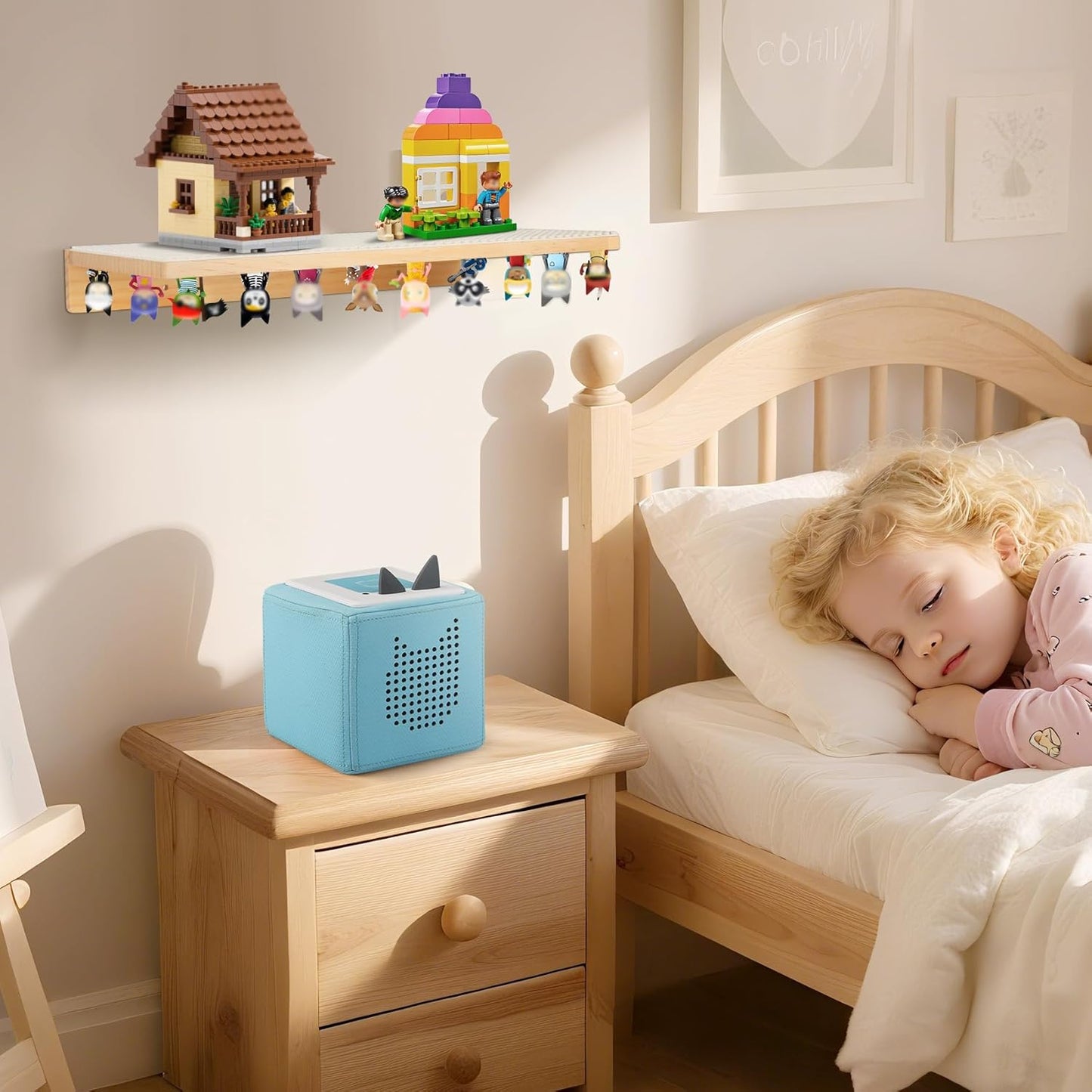 Shelves for Tonies Figures and Legos Building Bricks, 2 in 1 Display Case Magnetic Wooden Floating Shelves (Only Shelf) Compatible with Tonie Box Player Character for Children Room